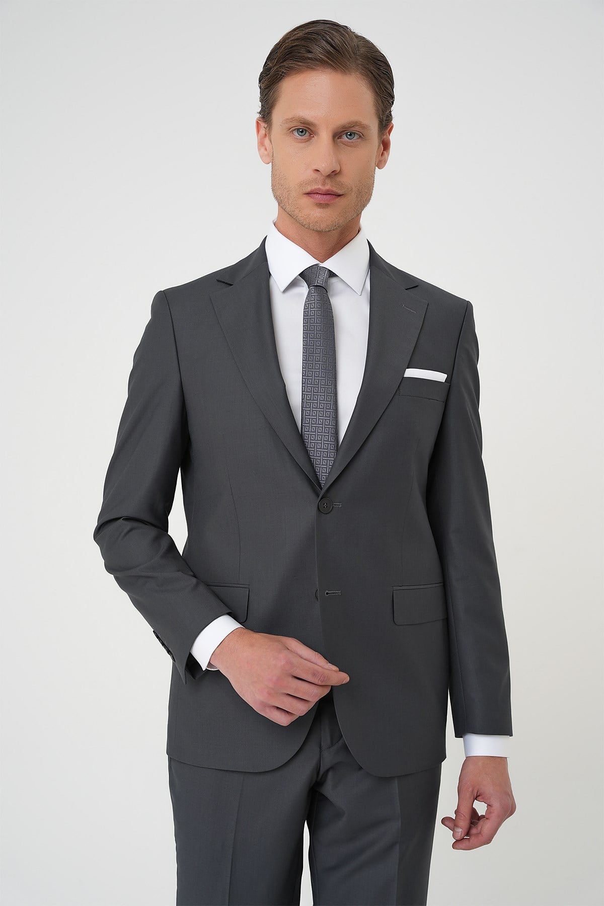 Tk 892 Slim Fit Düz Klasik Füme Takım Elbise 