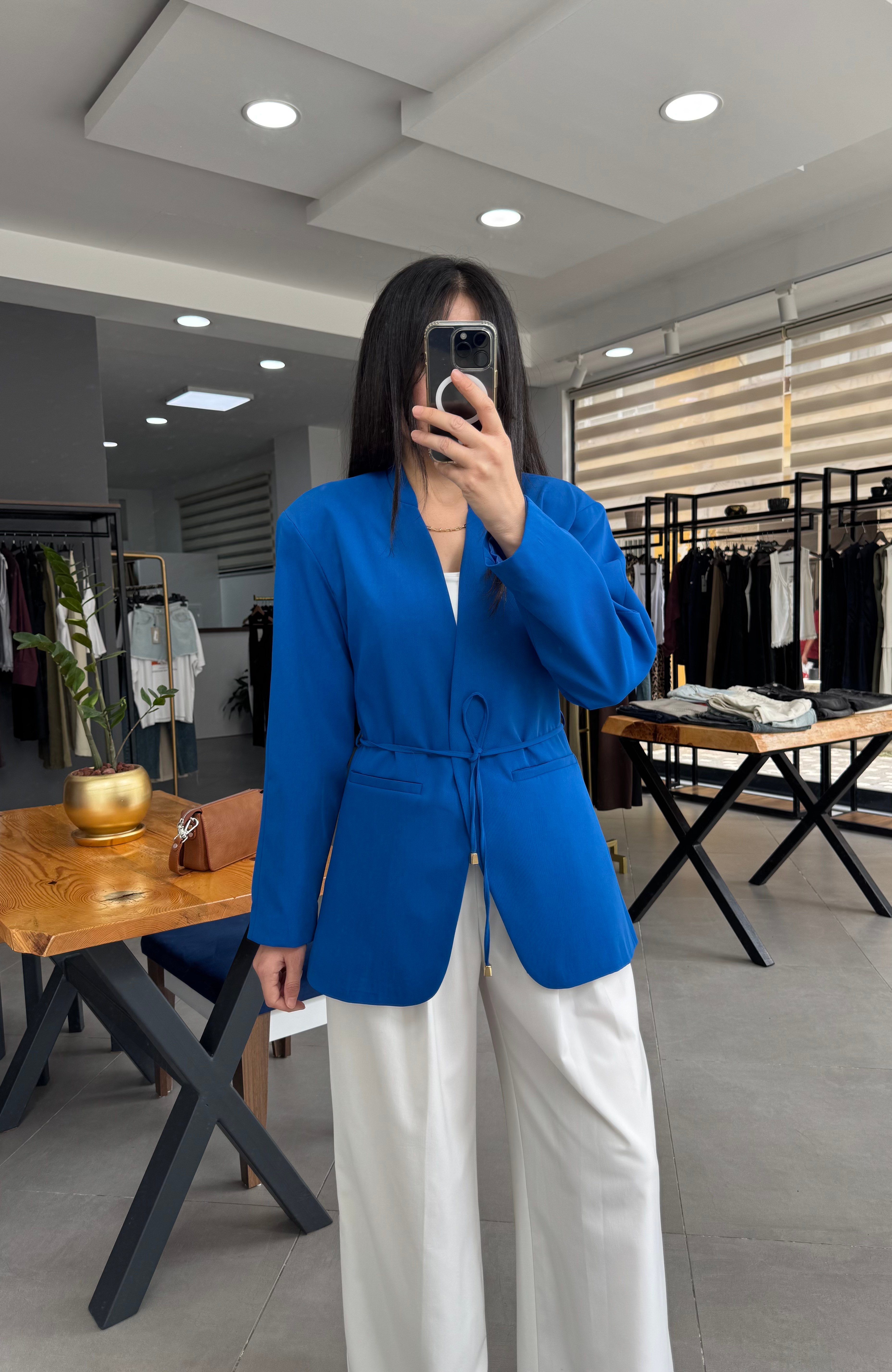 Bağcıklı Kruvaze Astarlı Saks Mavi Blazer Ceket