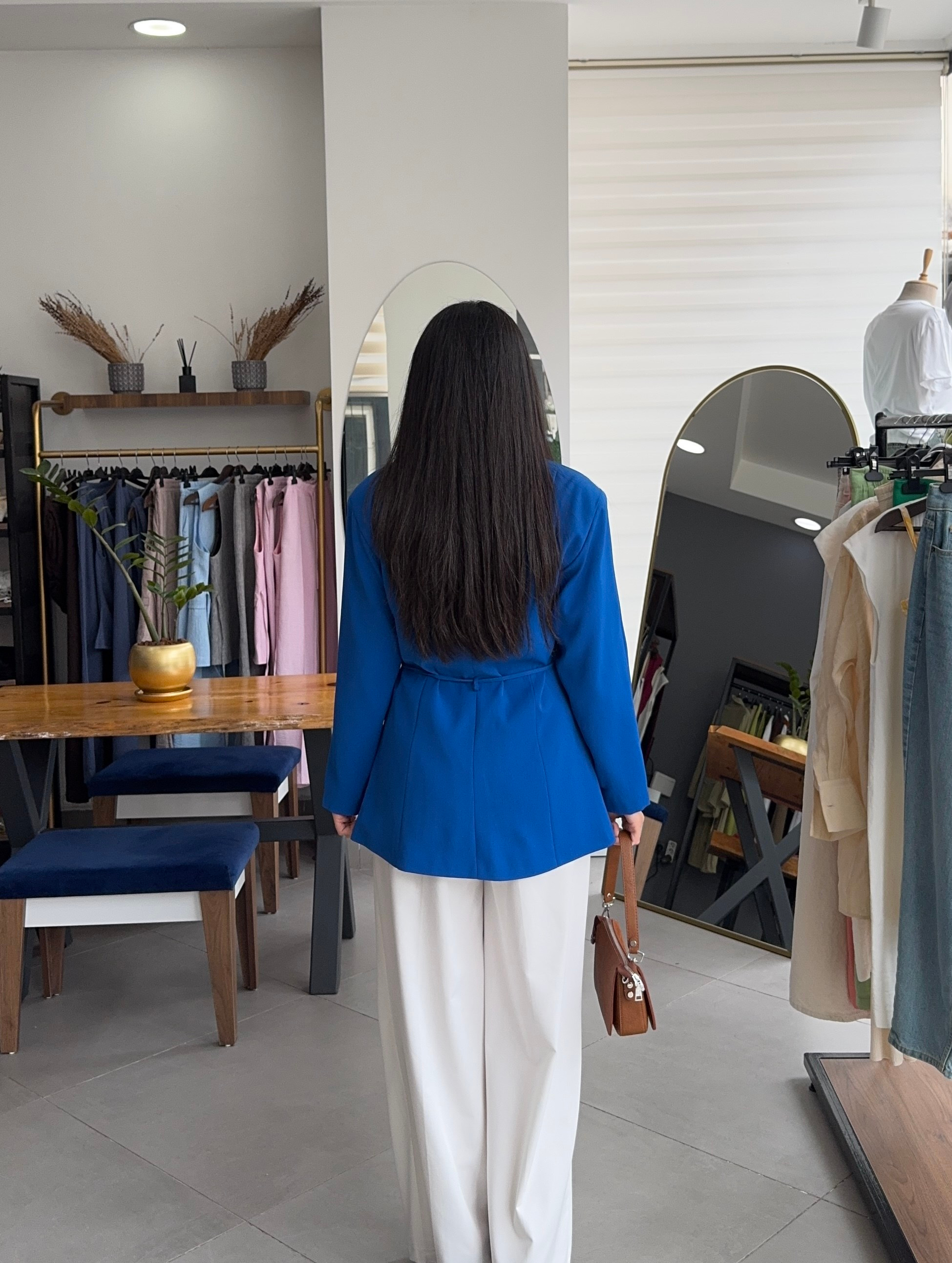 Bağcıklı Kruvaze Astarlı Saks Mavi Blazer Ceket