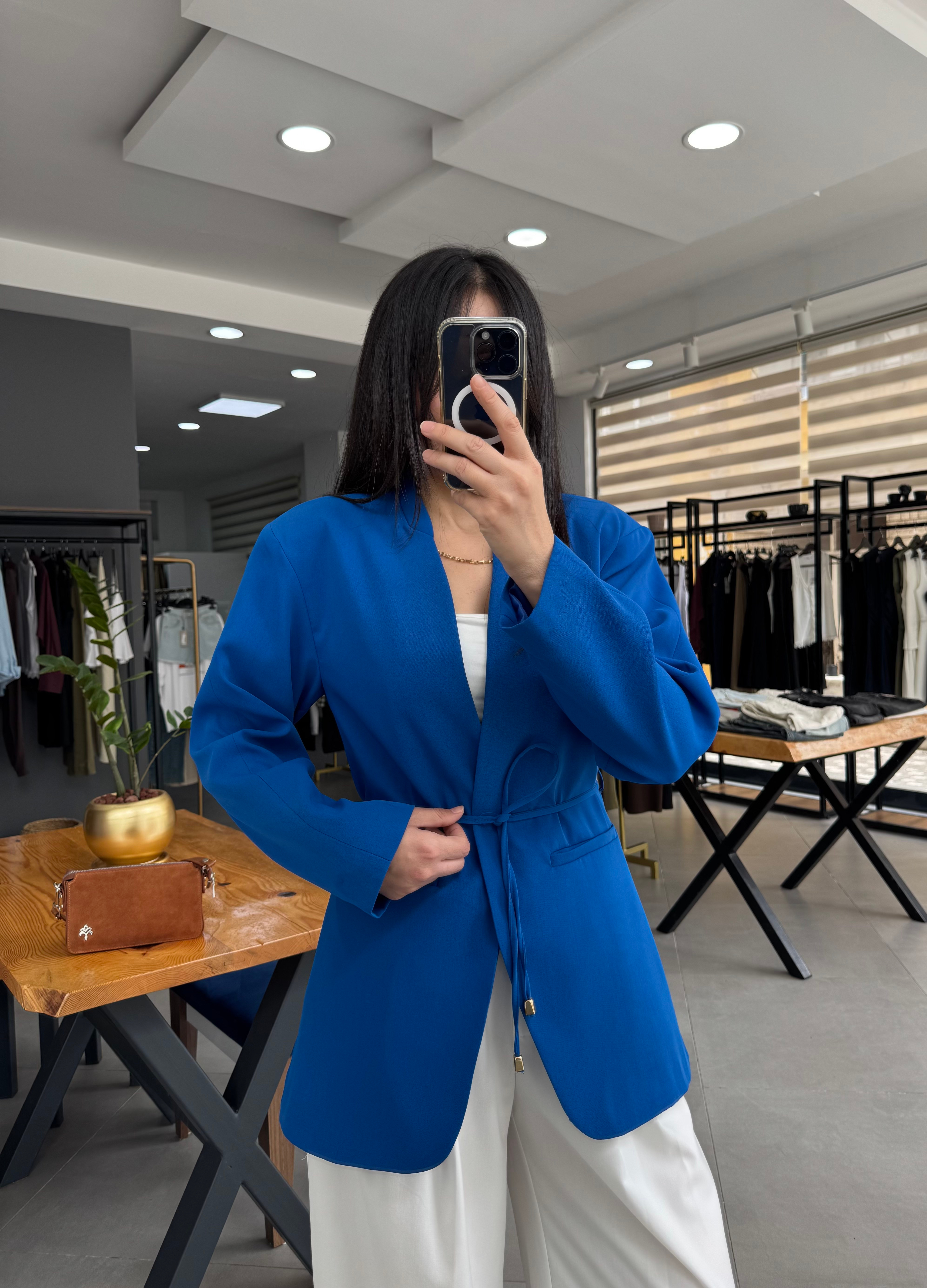 Bağcıklı Kruvaze Astarlı Saks Mavi Blazer Ceket