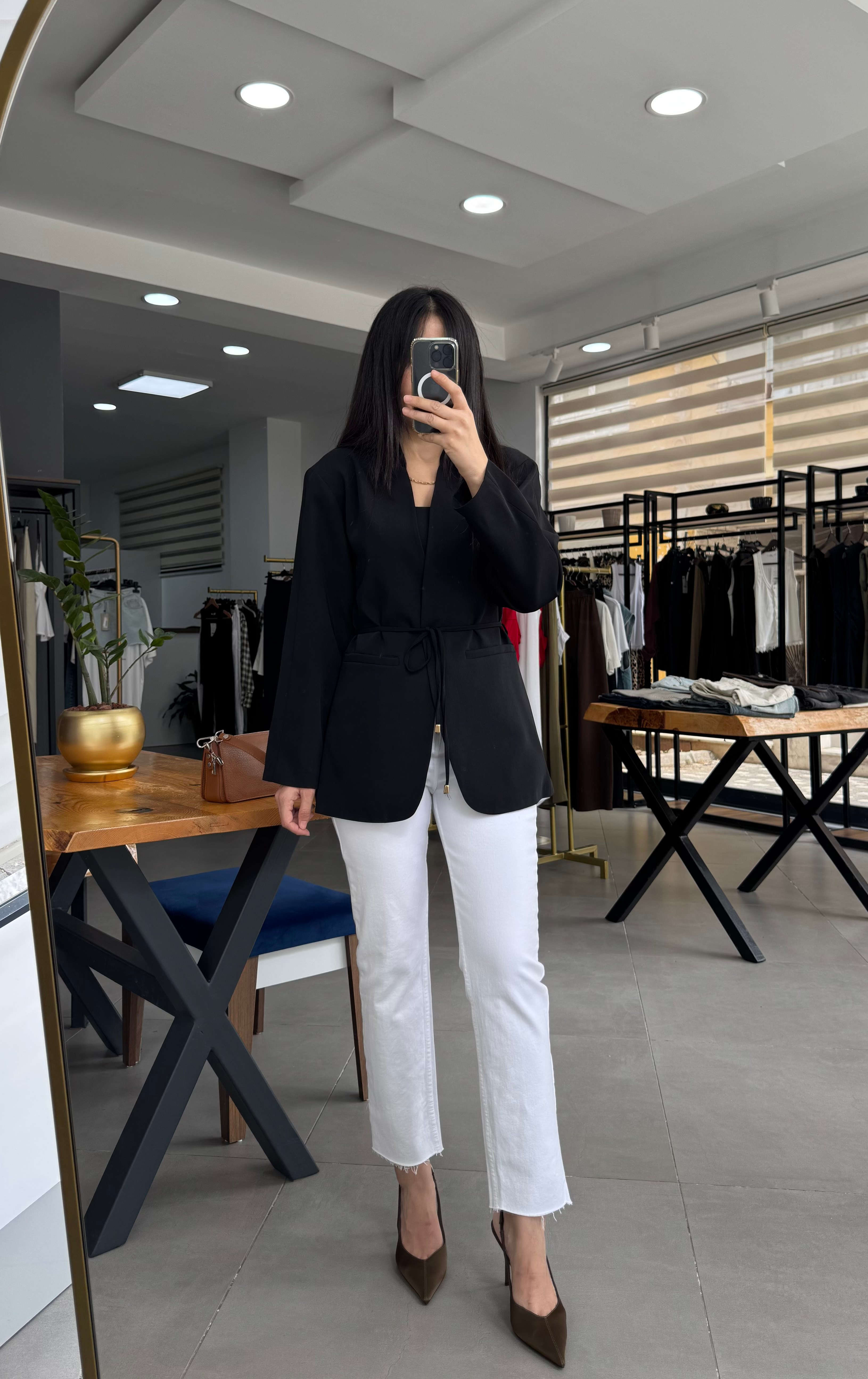 Bağcıklı Kruvaze Astarlı Siyah Blazer Ceket