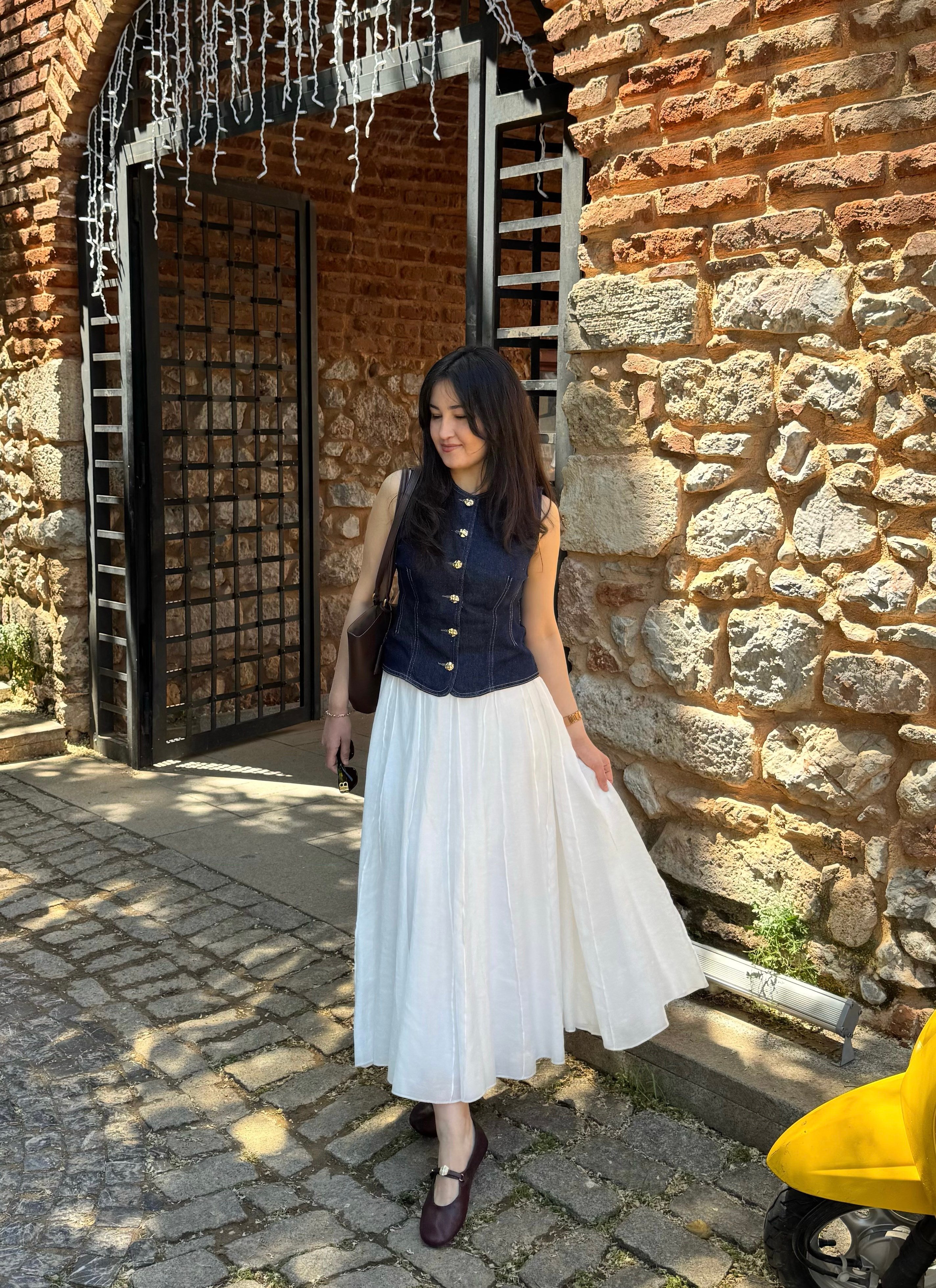 Bohem Astarlı Midi Beyaz Etek