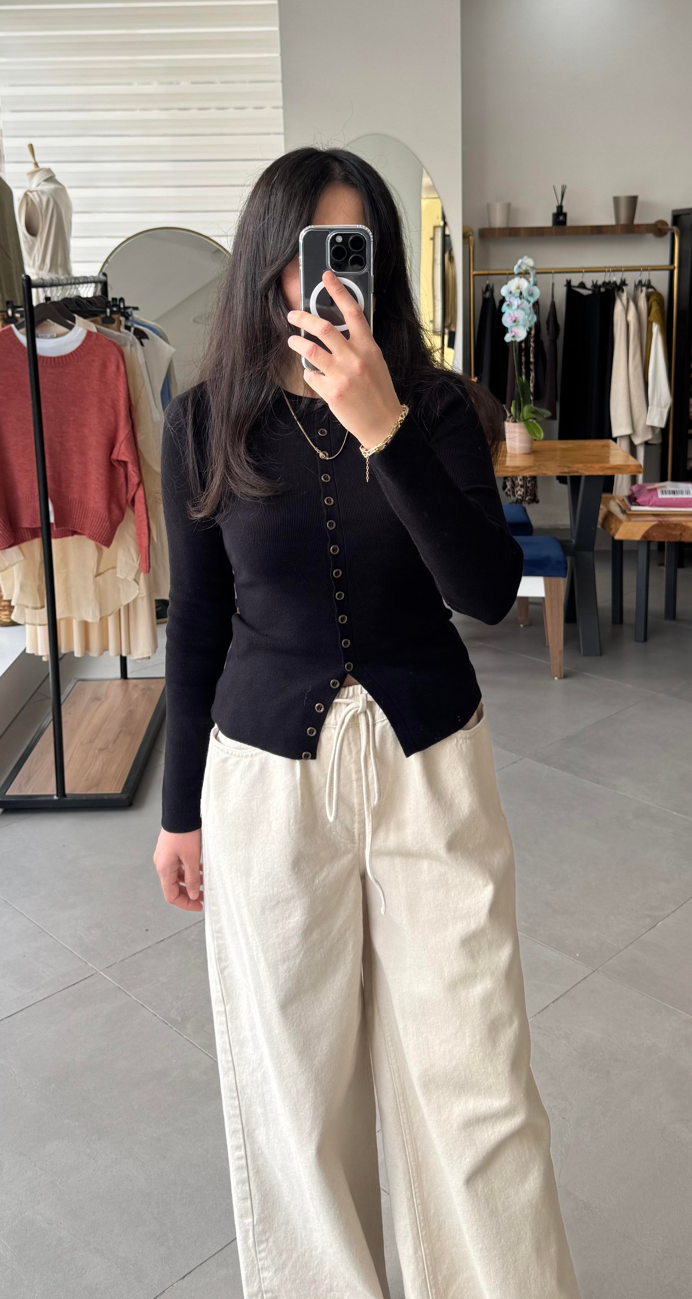 Bol Kesim Bel Bağlamalı Ekru Denim Pantolon