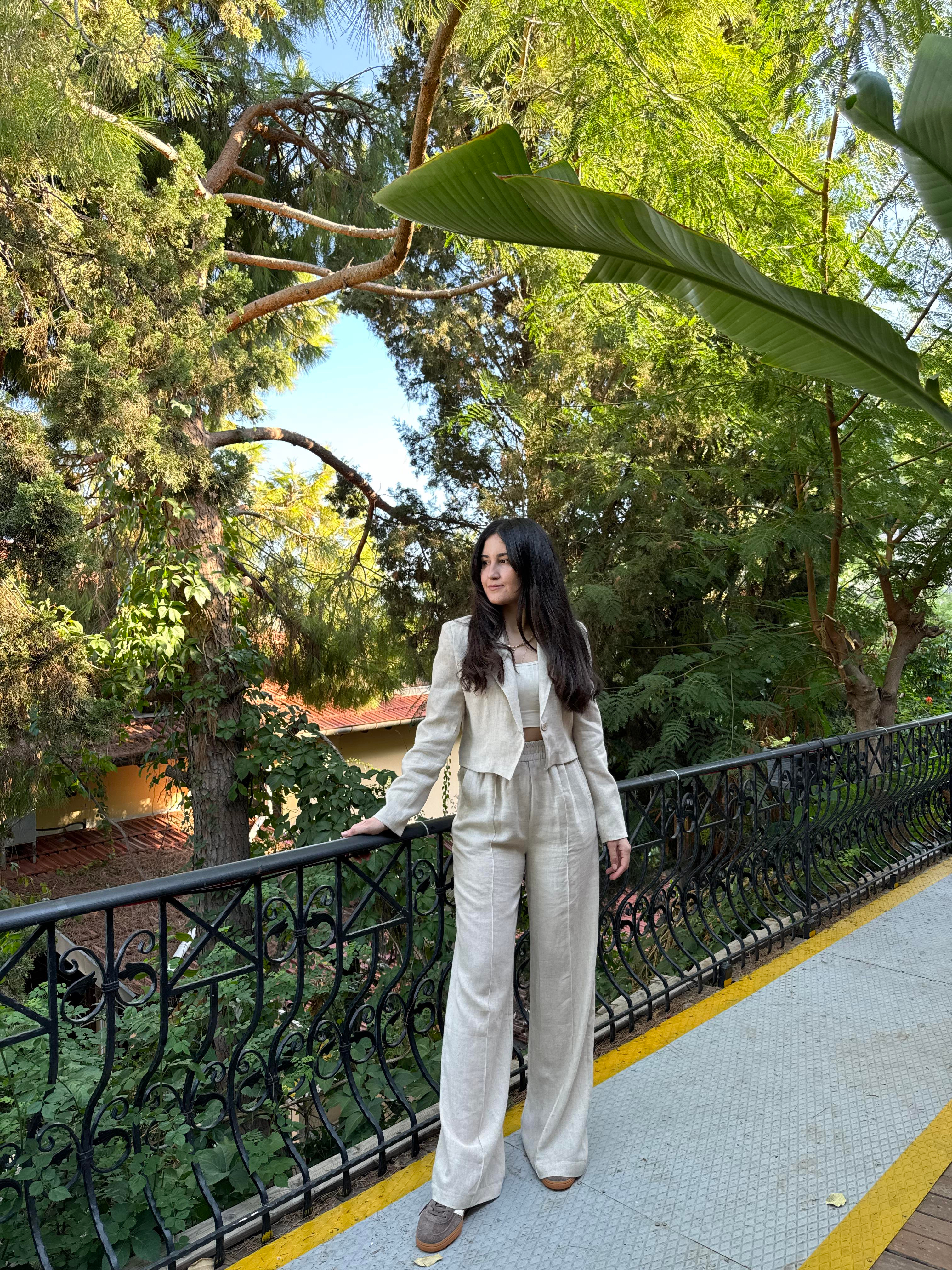 Bol Kesim Palazzo Yüksek Bel Bej Keten Pantolon