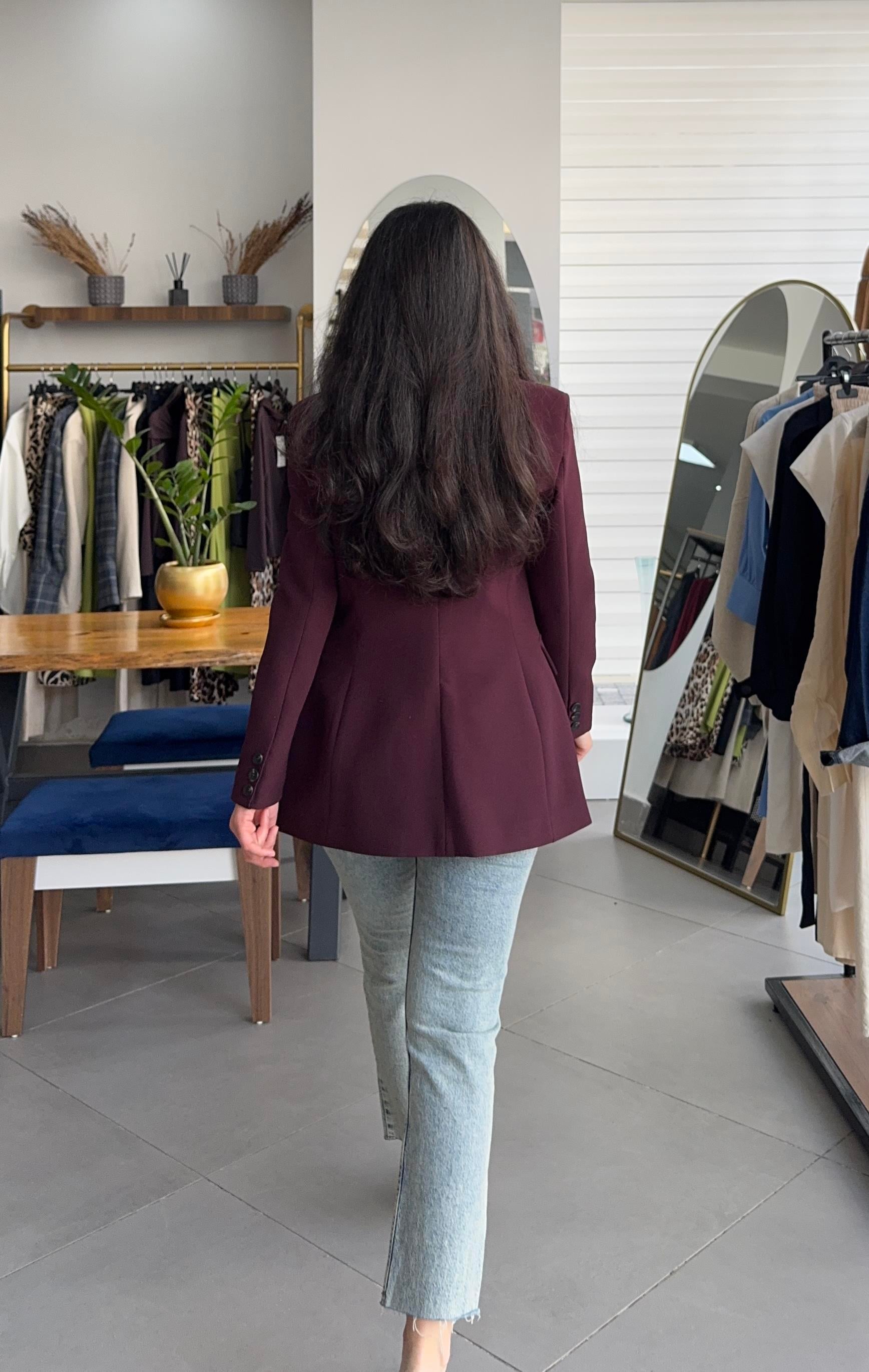 Bordo Belden Oturtmalı Astarlı Blazer Ceket