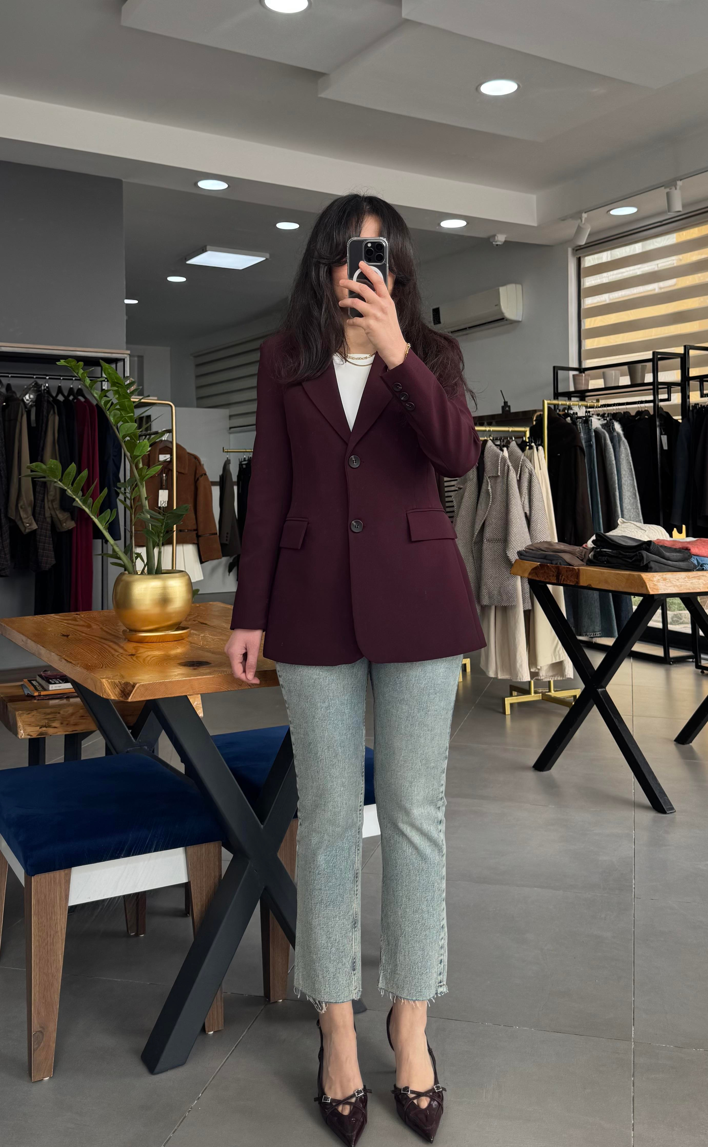 Bordo Belden Oturtmalı Astarlı Blazer Ceket