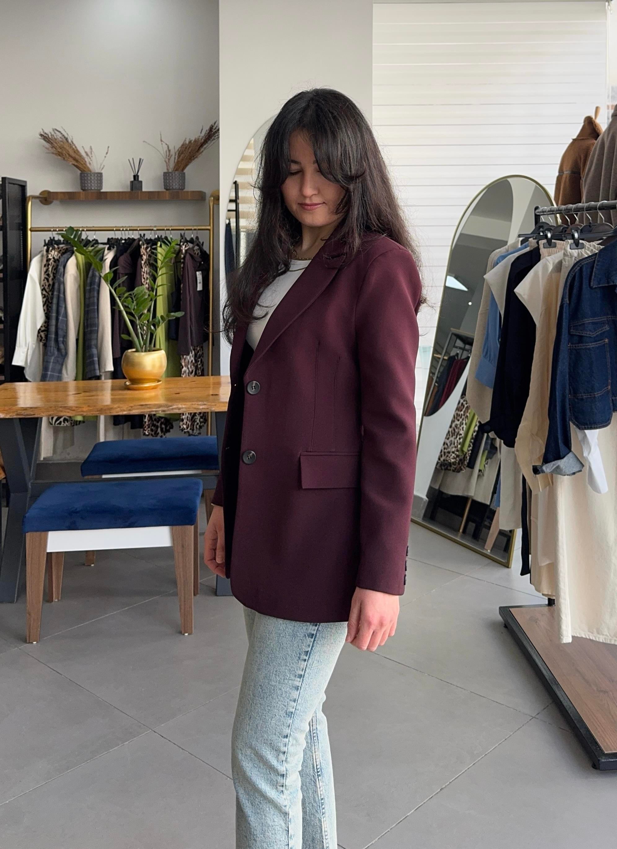 Bordo Belden Oturtmalı Astarlı Blazer Ceket
