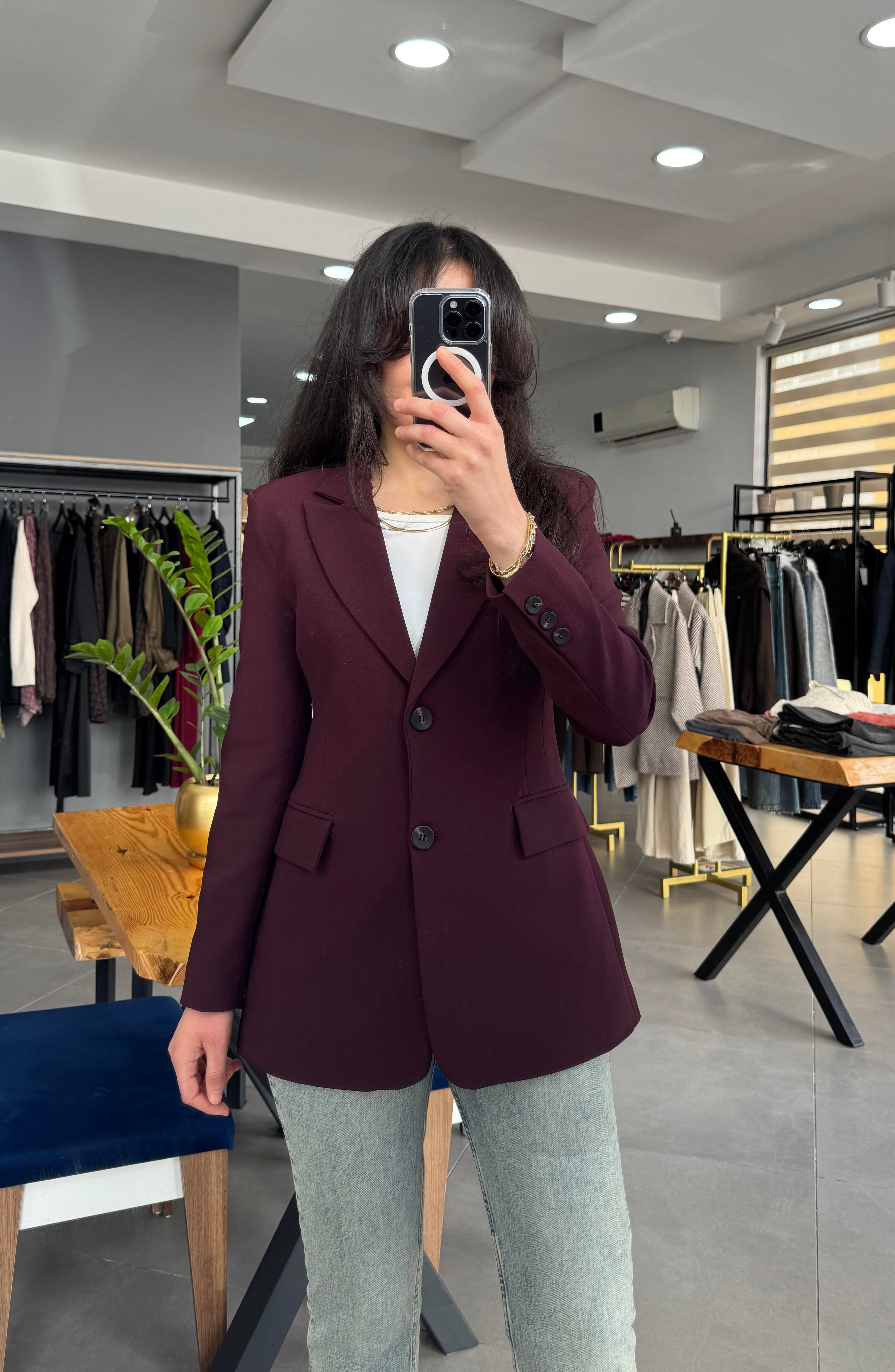 Bordo Belden Oturtmalı Astarlı Blazer Ceket