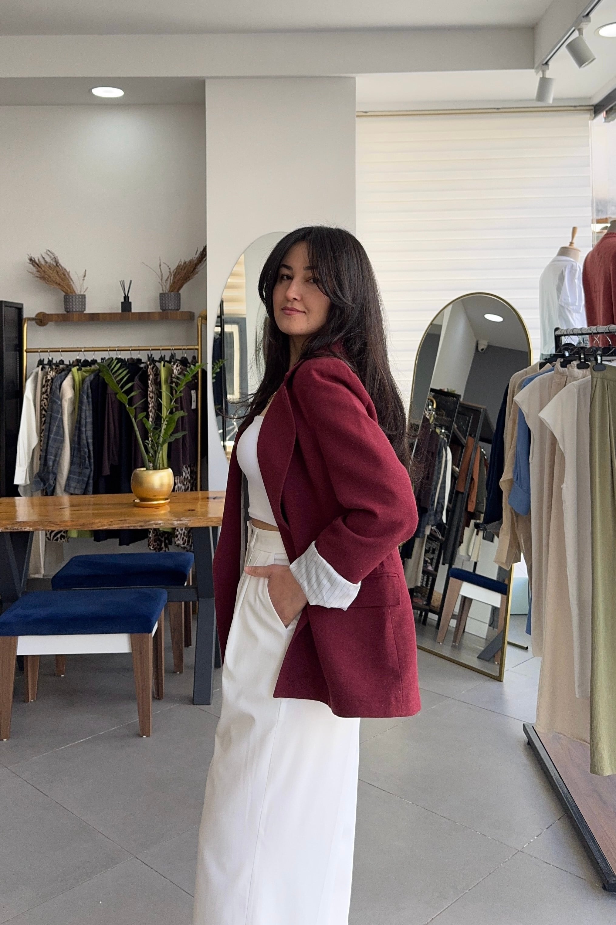 Bordo Çizgili Astarlı Keten Ceket