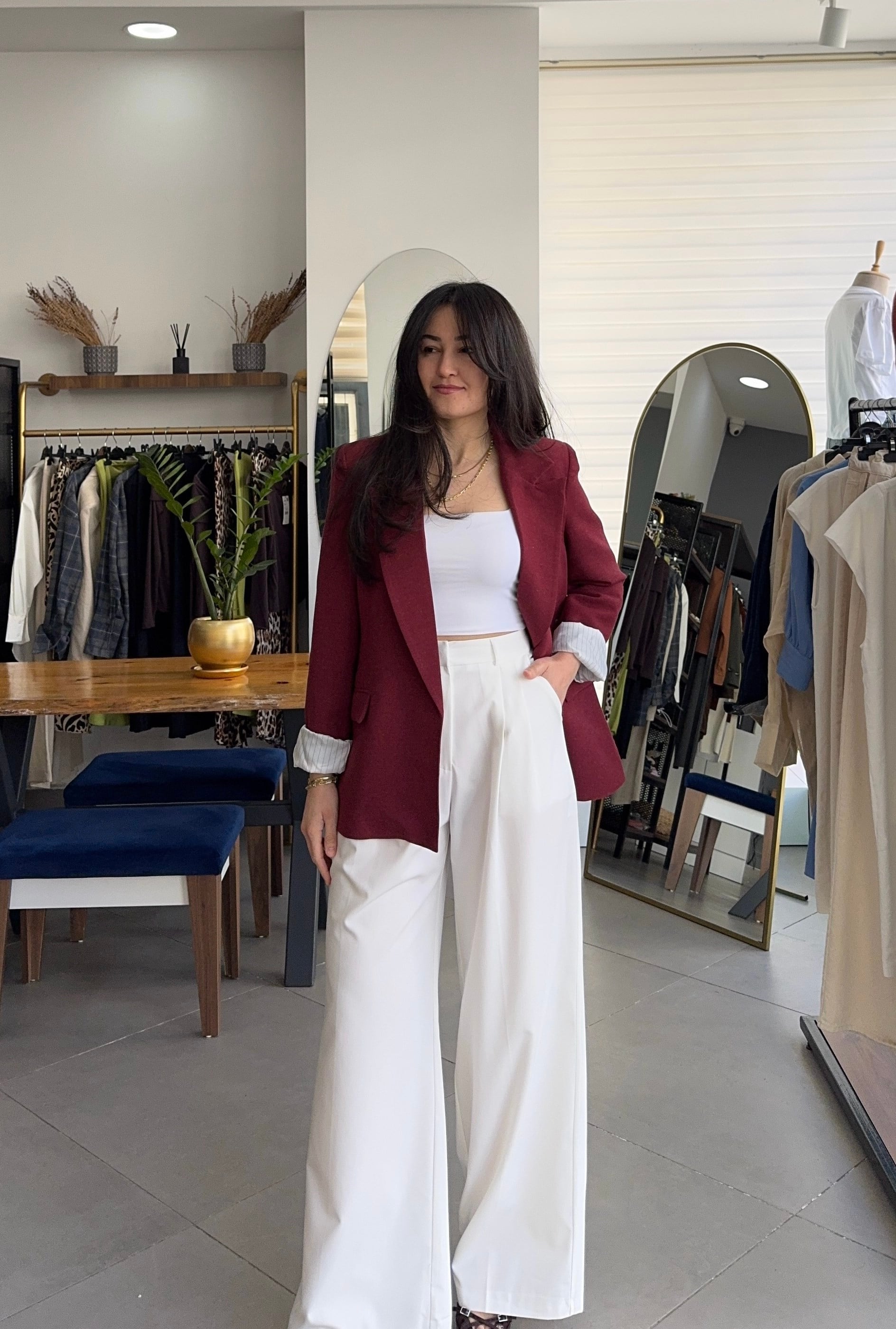 Bordo Çizgili Astarlı Keten Ceket