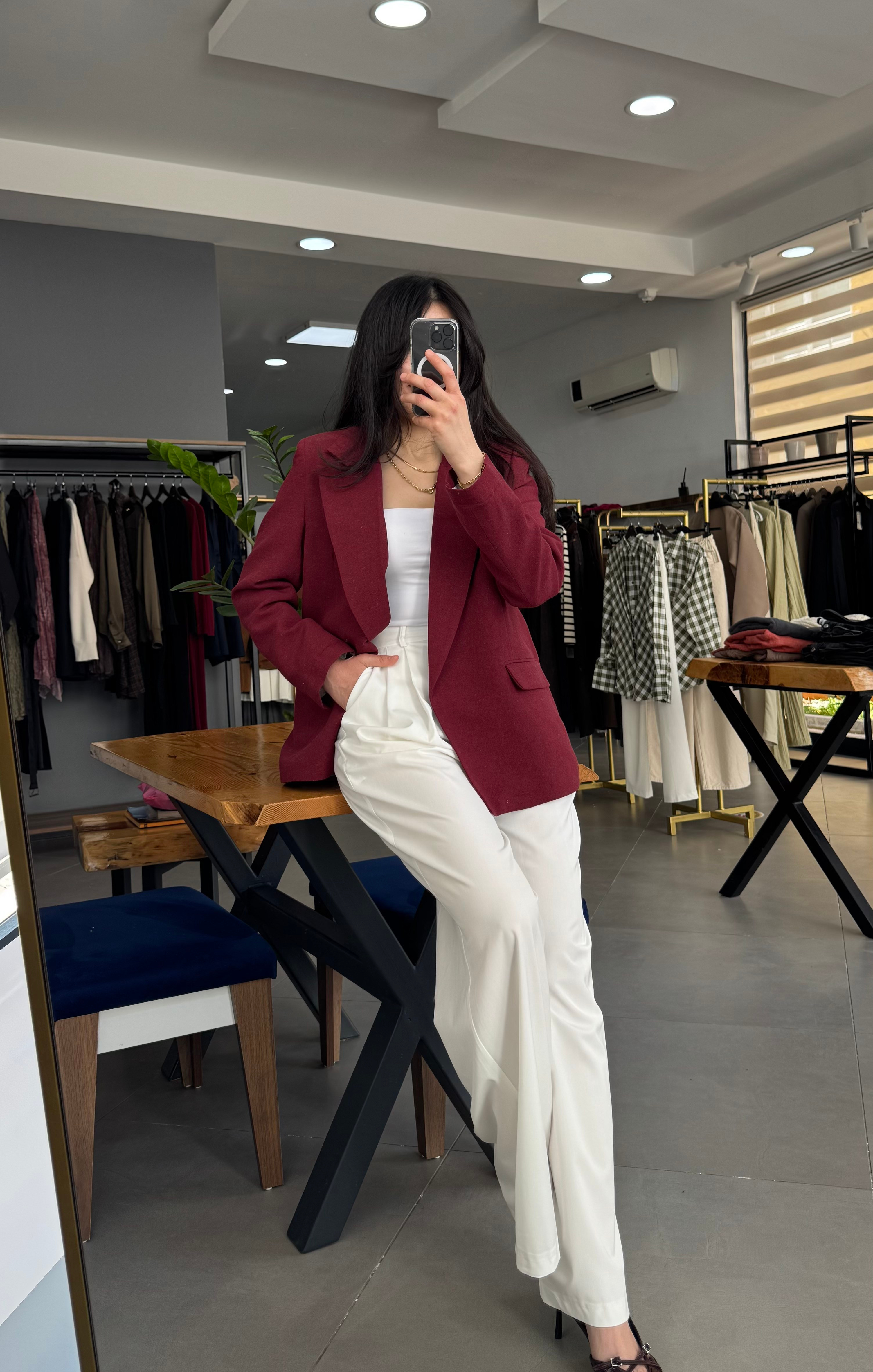 Bordo Çizgili Astarlı Keten Ceket