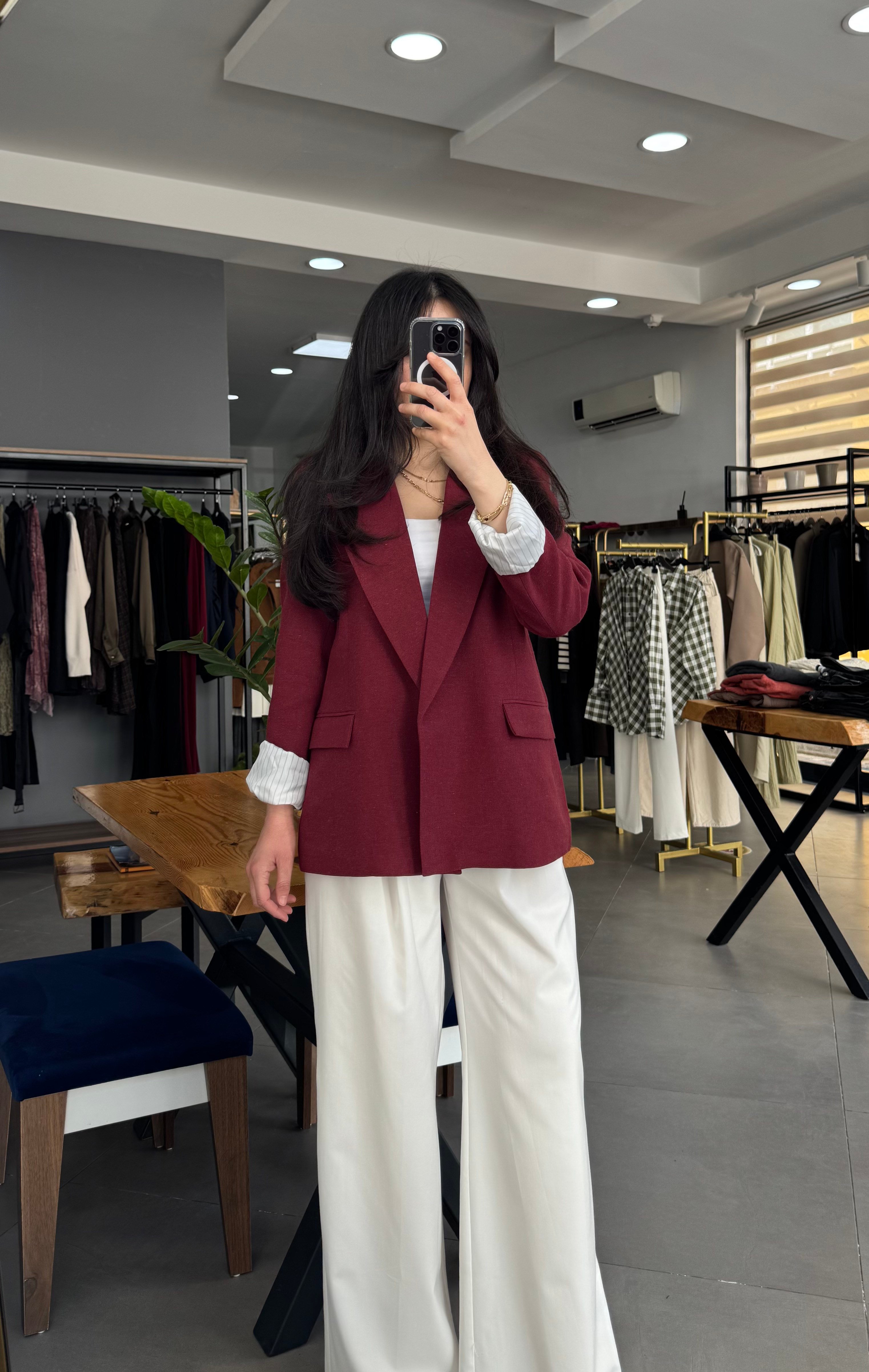 Bordo Çizgili Astarlı Keten Ceket