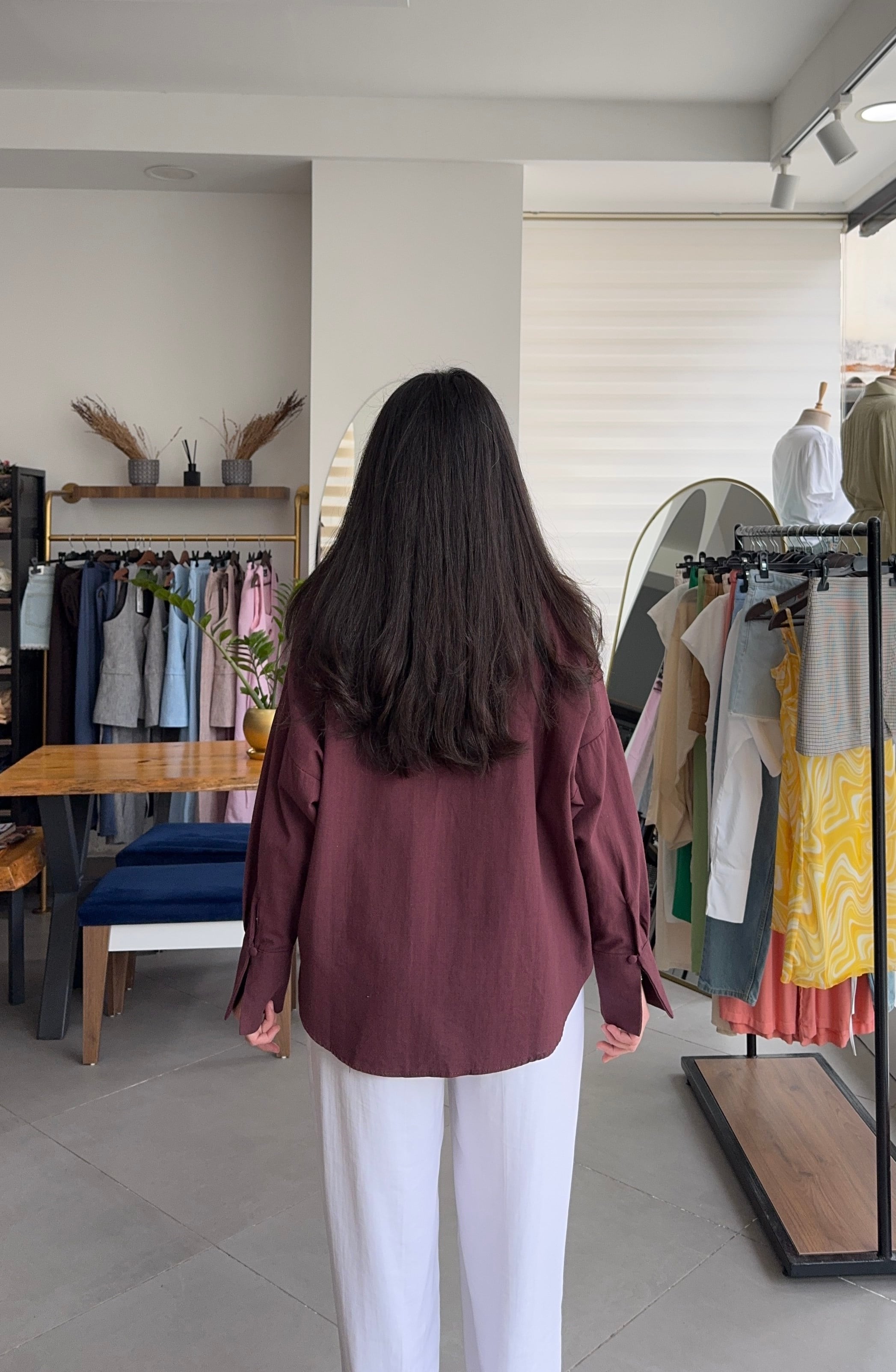 Bordo Keten Oversize Gömlek 