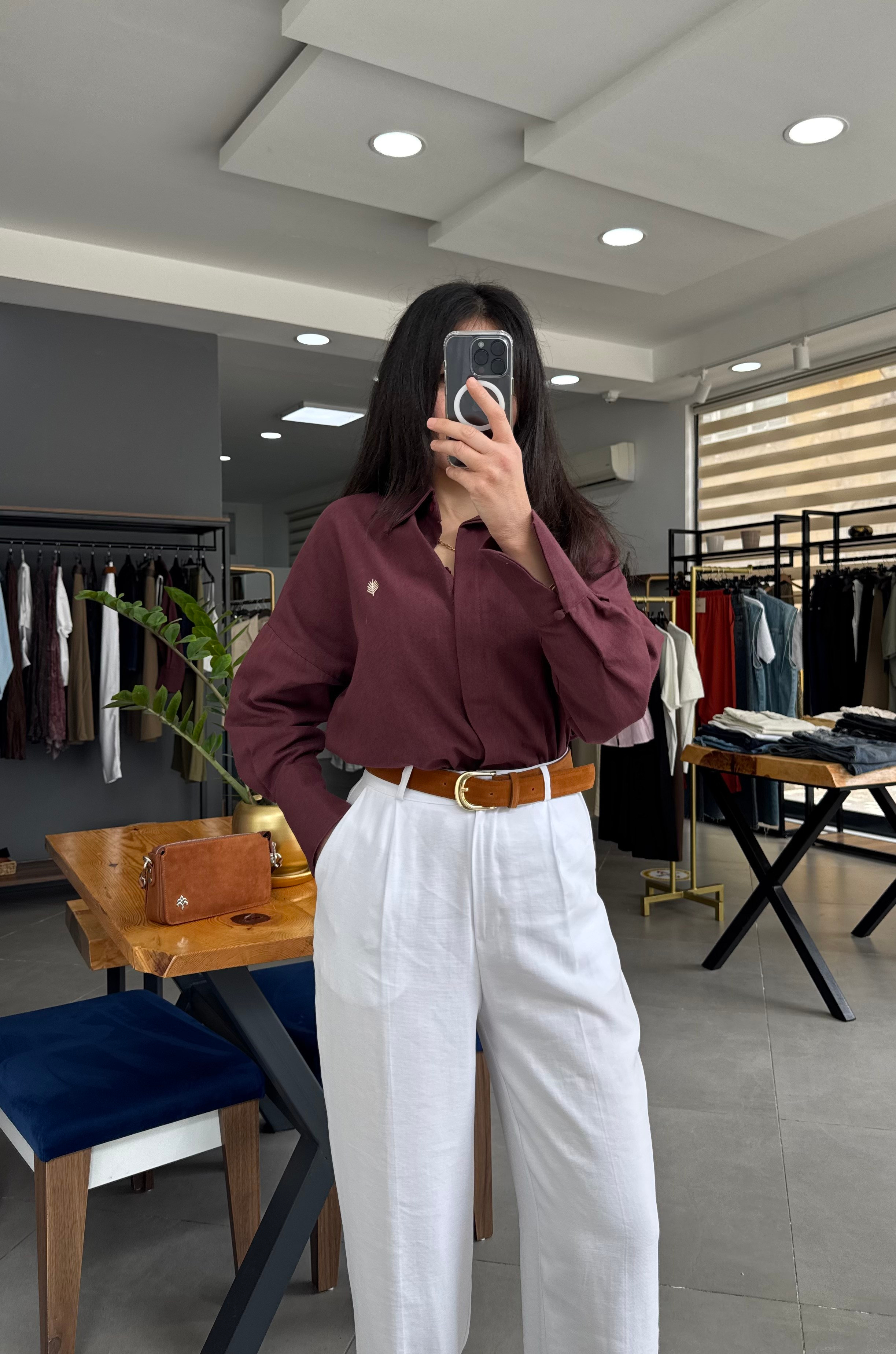 Bordo Keten Oversize Gömlek 