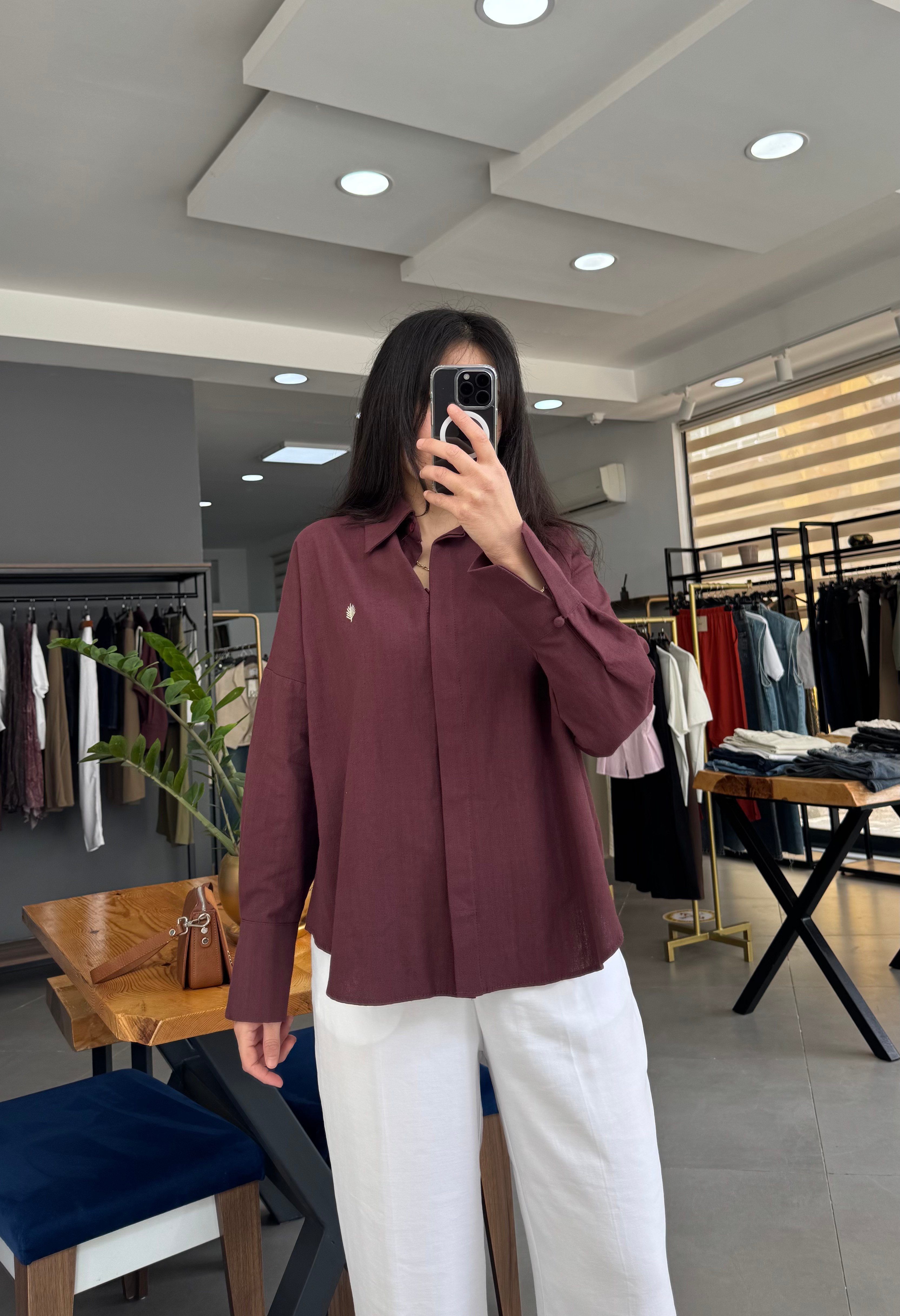 Bordo Keten Oversize Gömlek 
