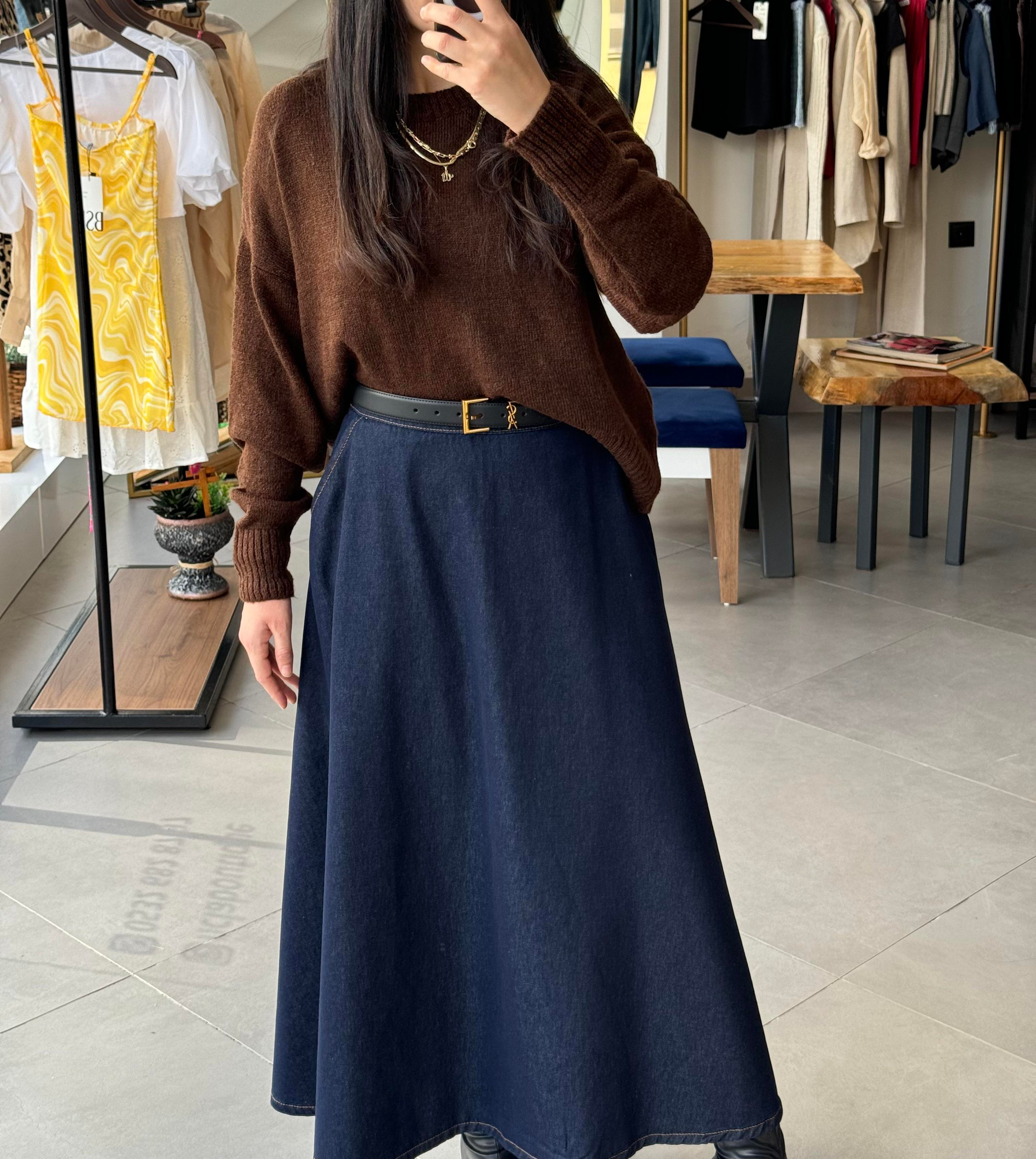 Cep Detaylı Maksi Denim Koyu Mavi Çan Etek
