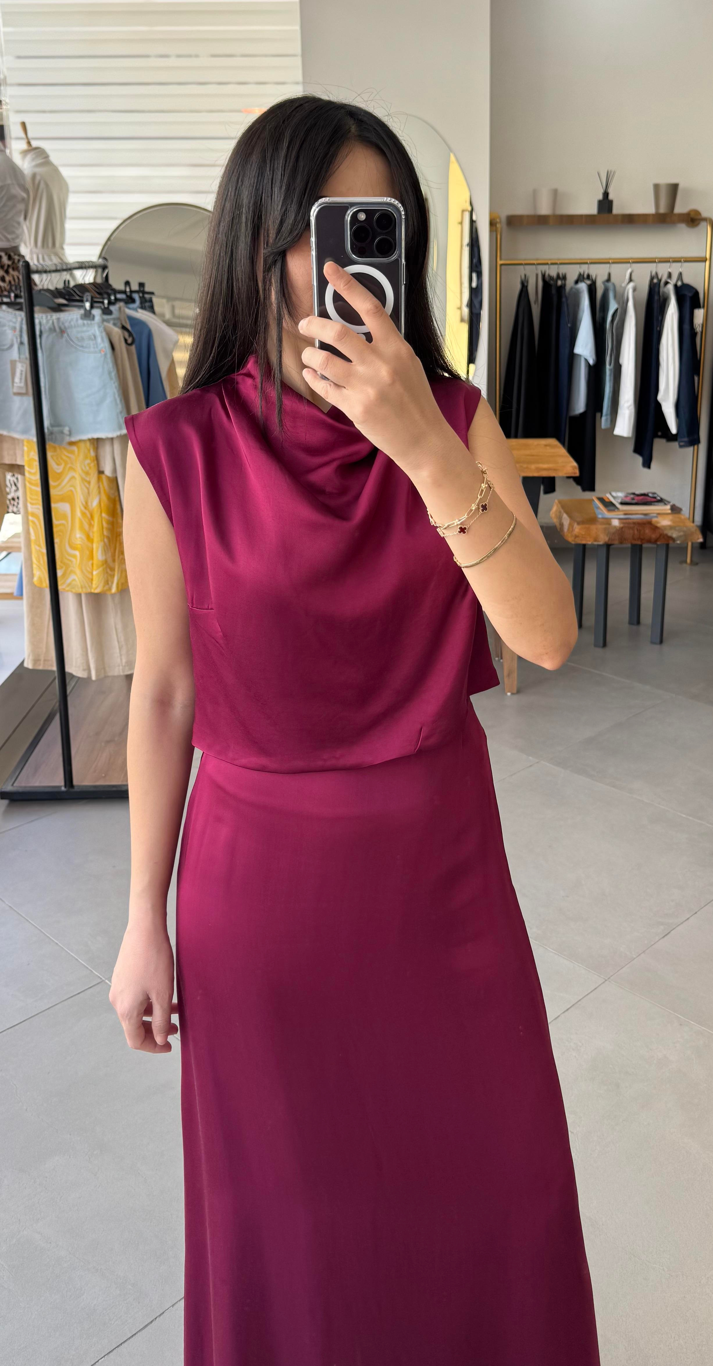 Degaje Yakalı Bordo Saten Bluz