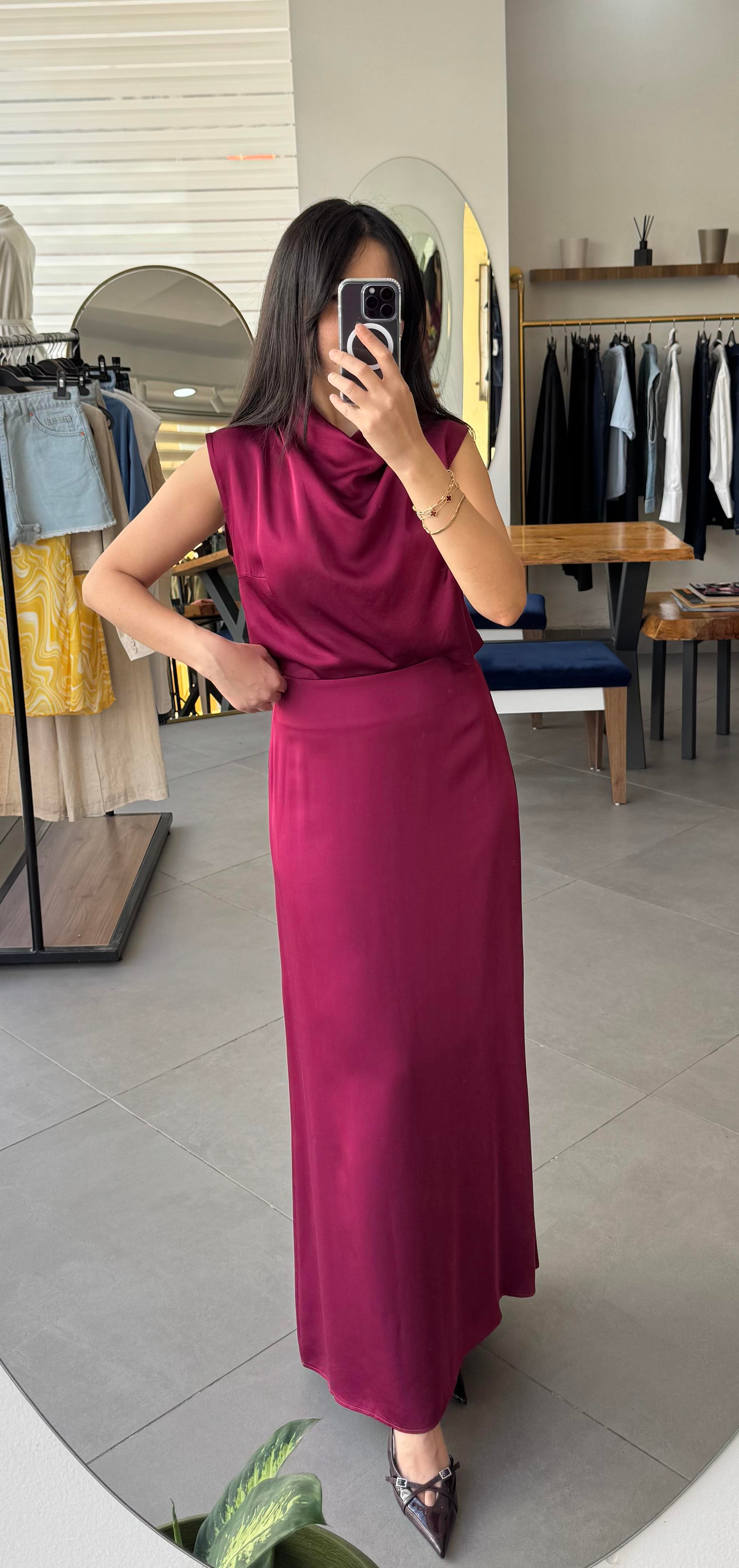 Degaje Yakalı Bordo Saten Bluz