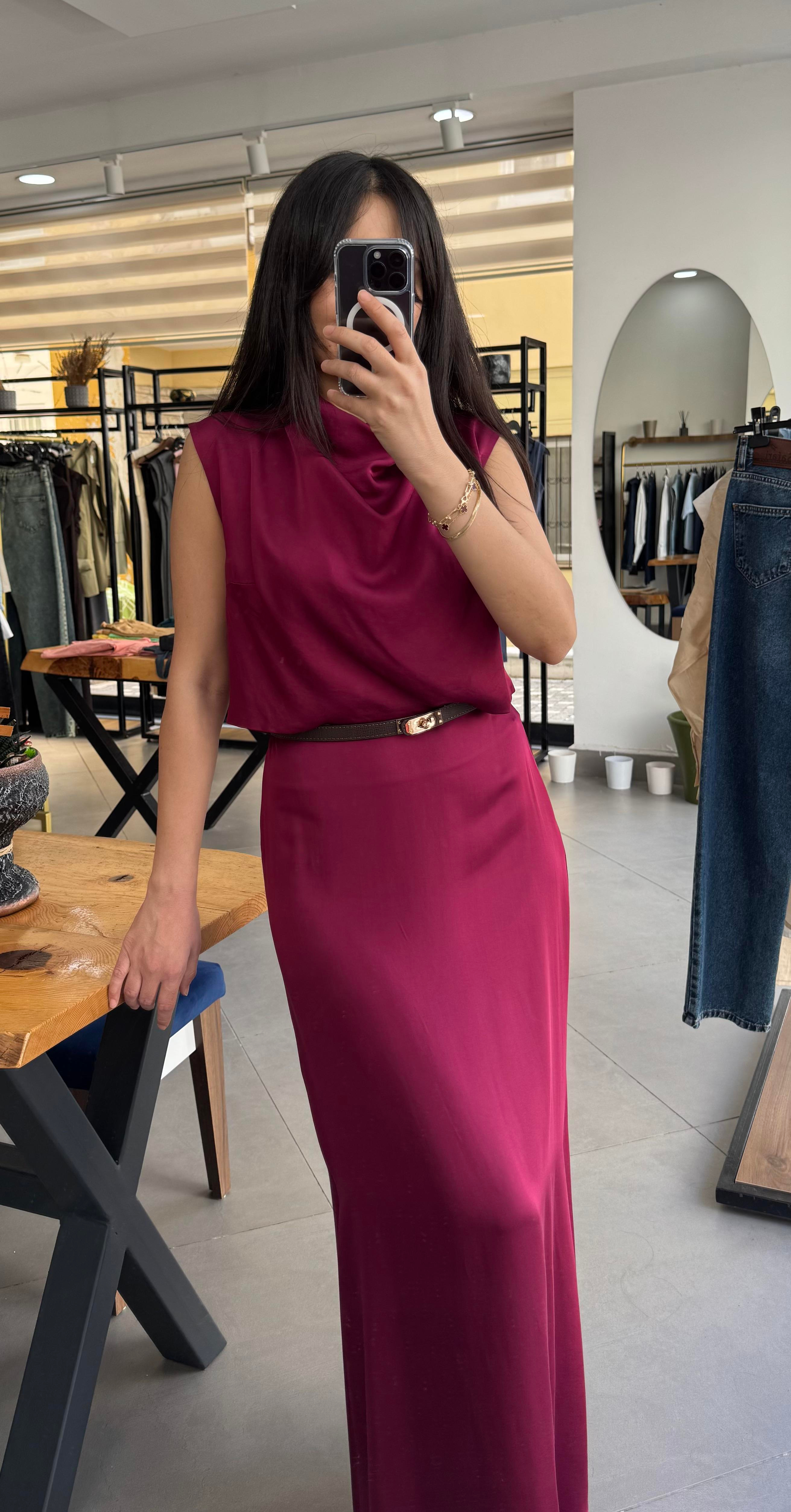 Degaje Yakalı Bordo Saten Bluz