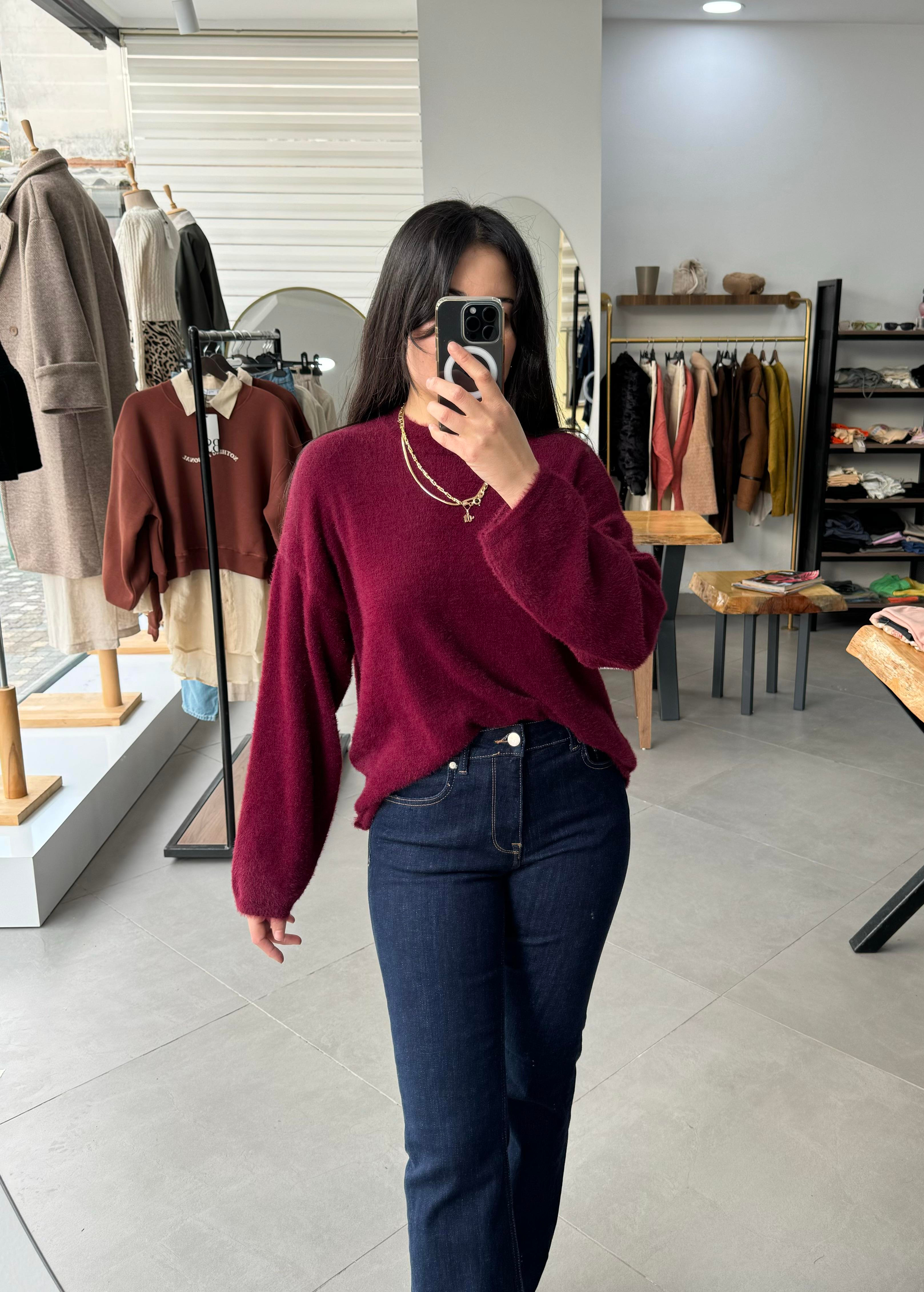 Dik Yaka Bordo Peluş Kazak