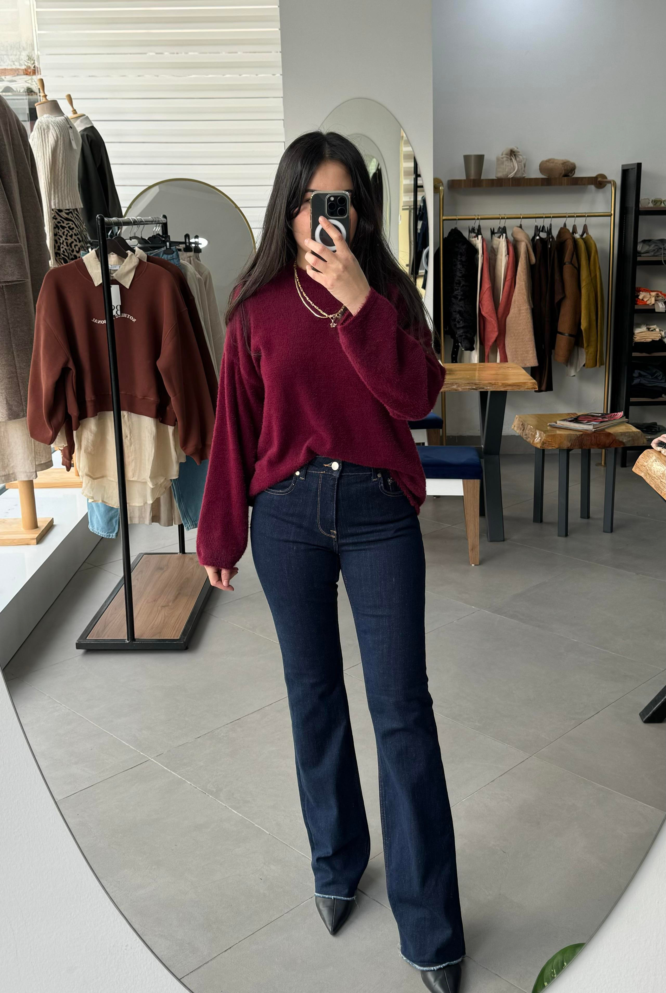 Dik Yaka Bordo Peluş Kazak