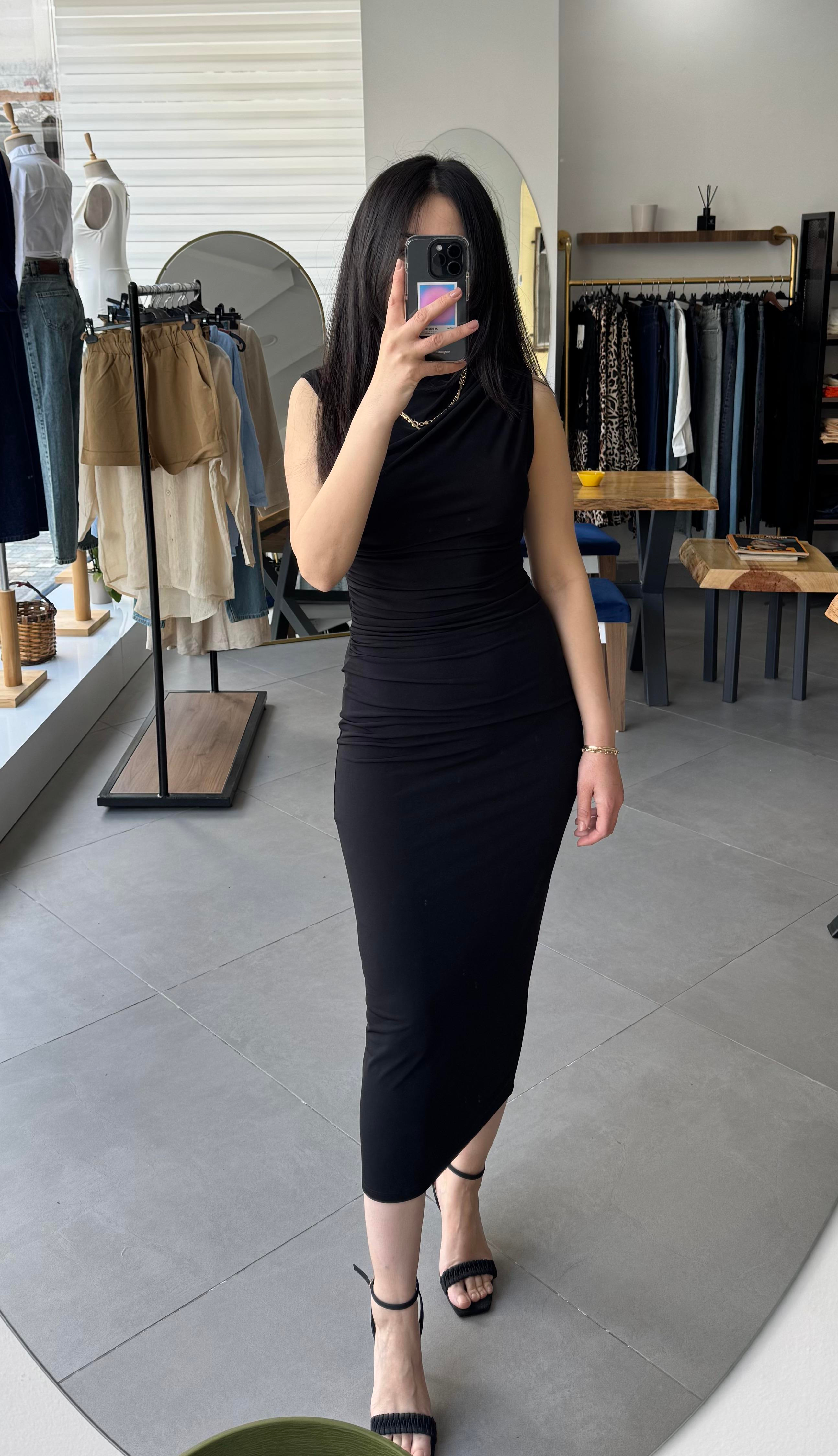 Drapeli Kalem Midi Siyah Elbise