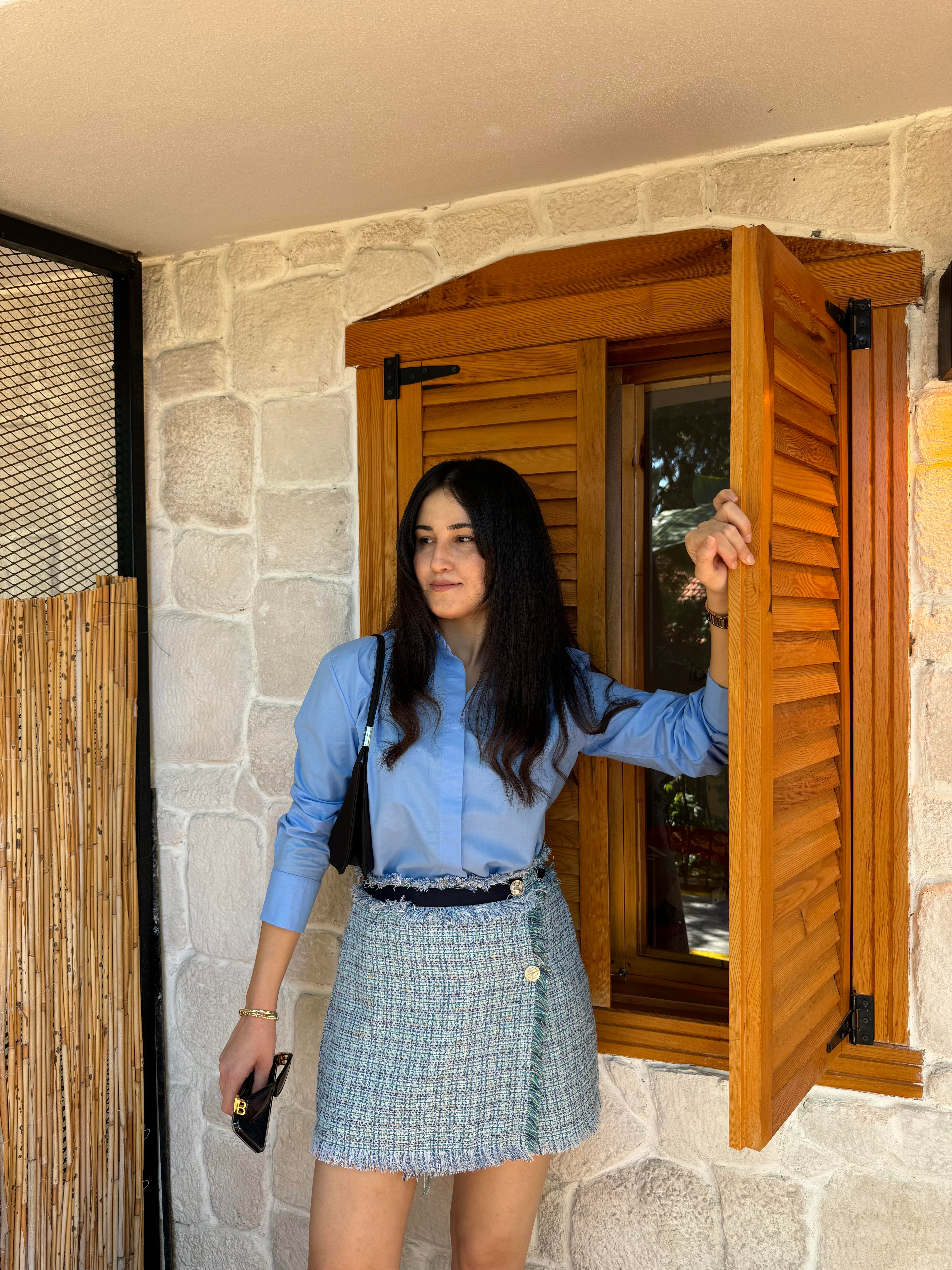 Düğme Detaylı Tüvit Mavi Etek