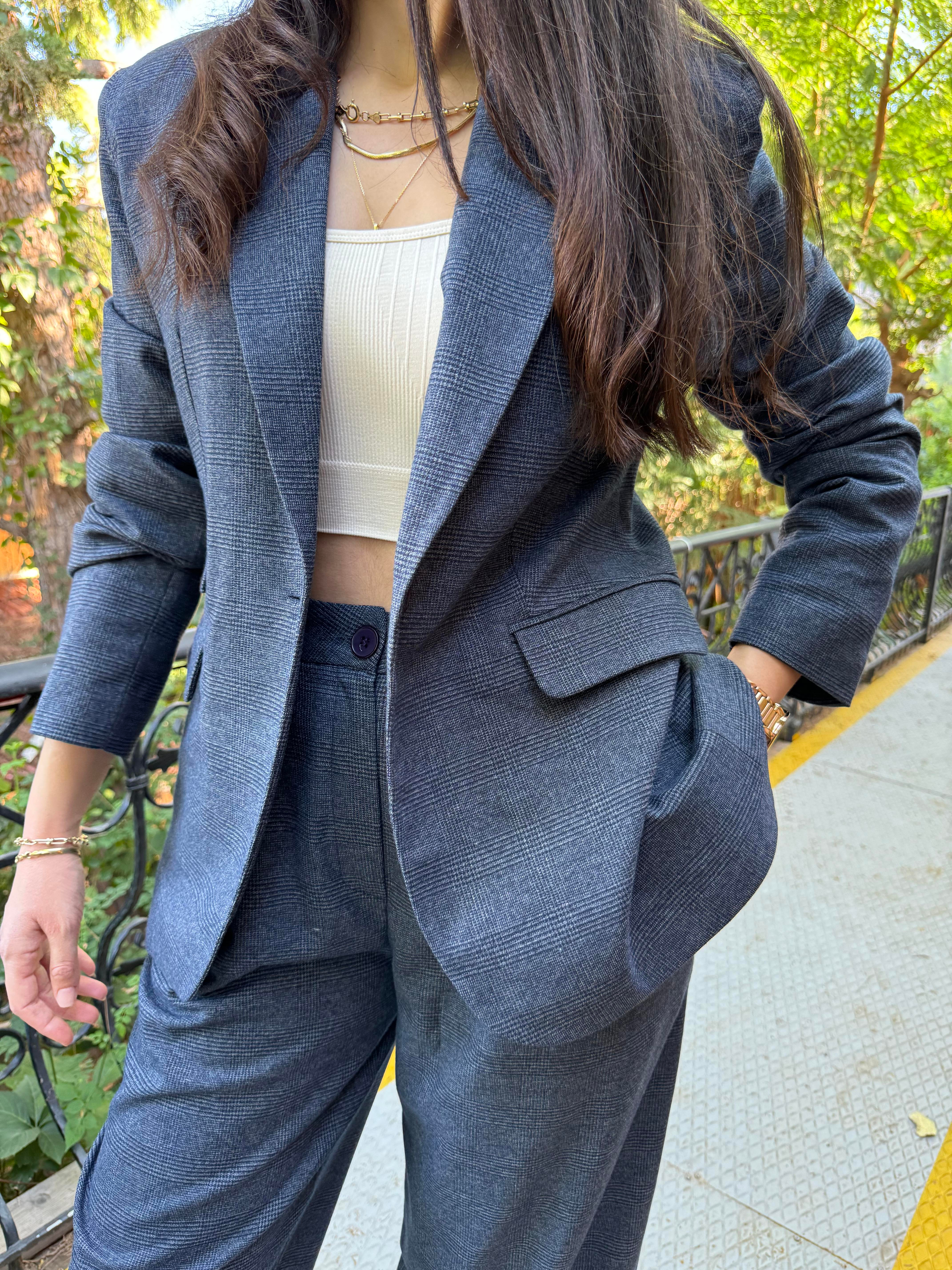 Ekose Desen Astarlı Cepli Lacivert Blazer Ceket