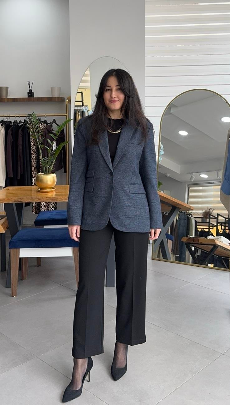 Ekose Desen Astarlı Cepli Lacivert Blazer Ceket