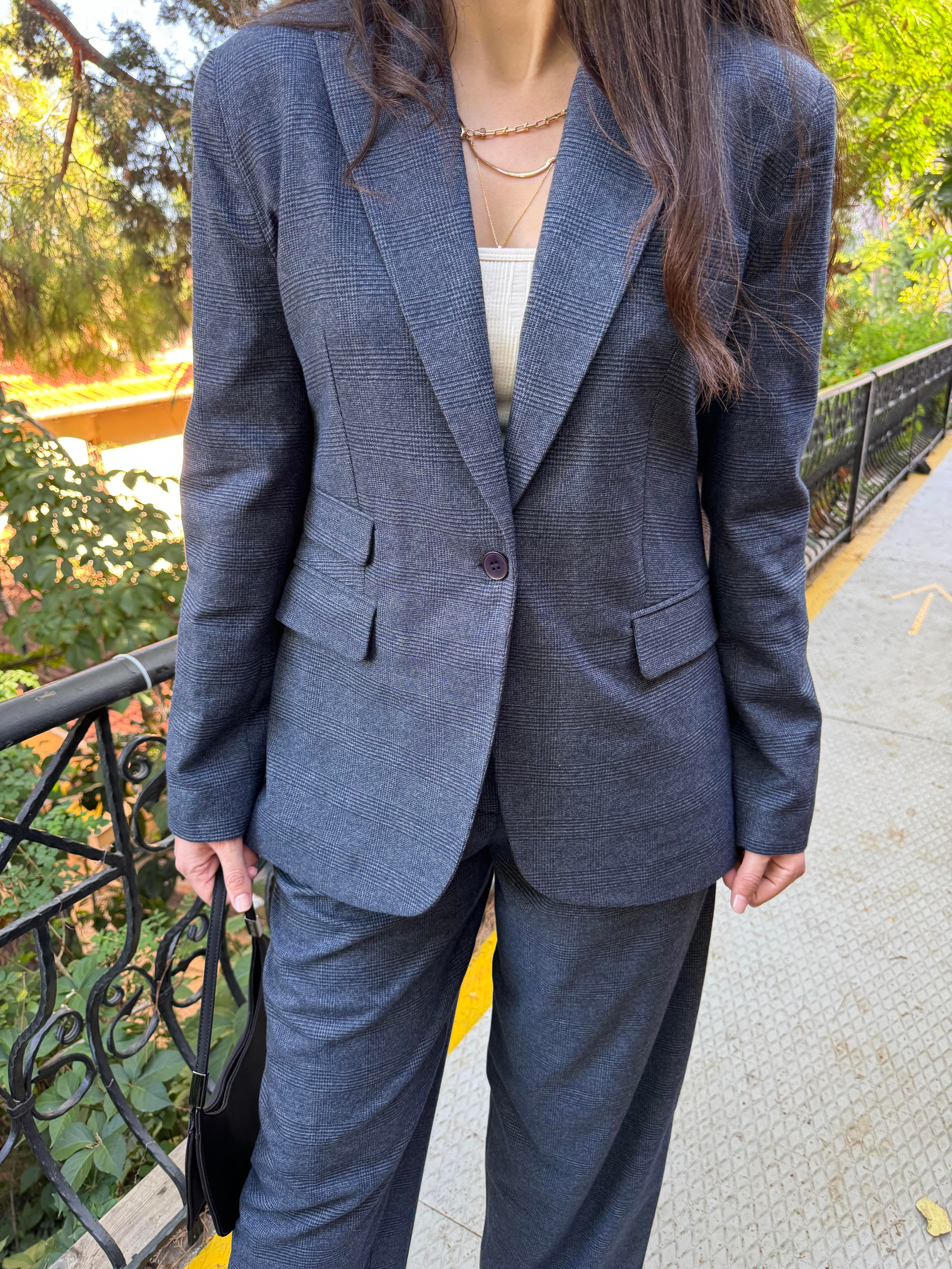 Ekose Desen Astarlı Cepli Lacivert Blazer Ceket