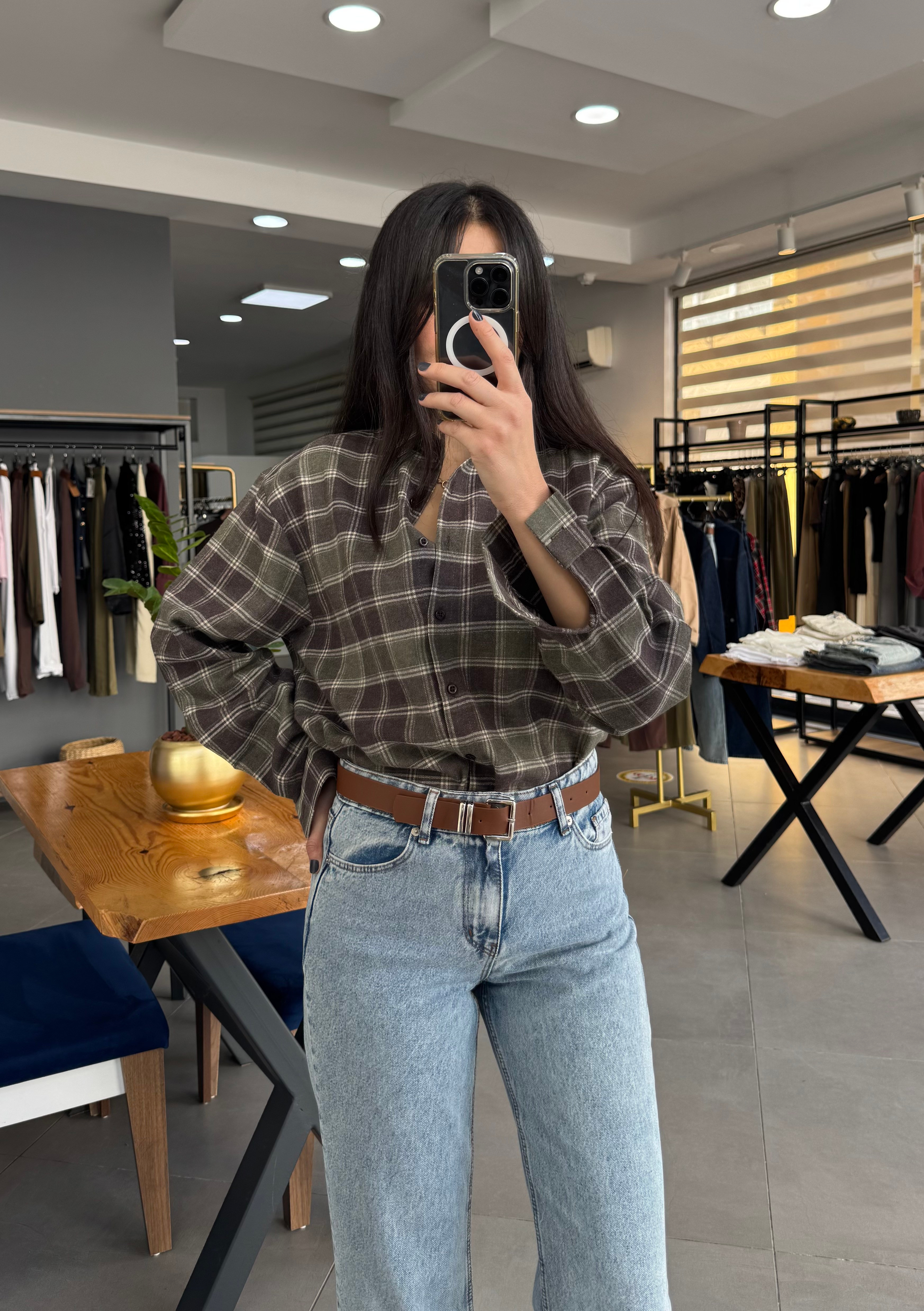 Ekoseli Oversize Haki Gömlek