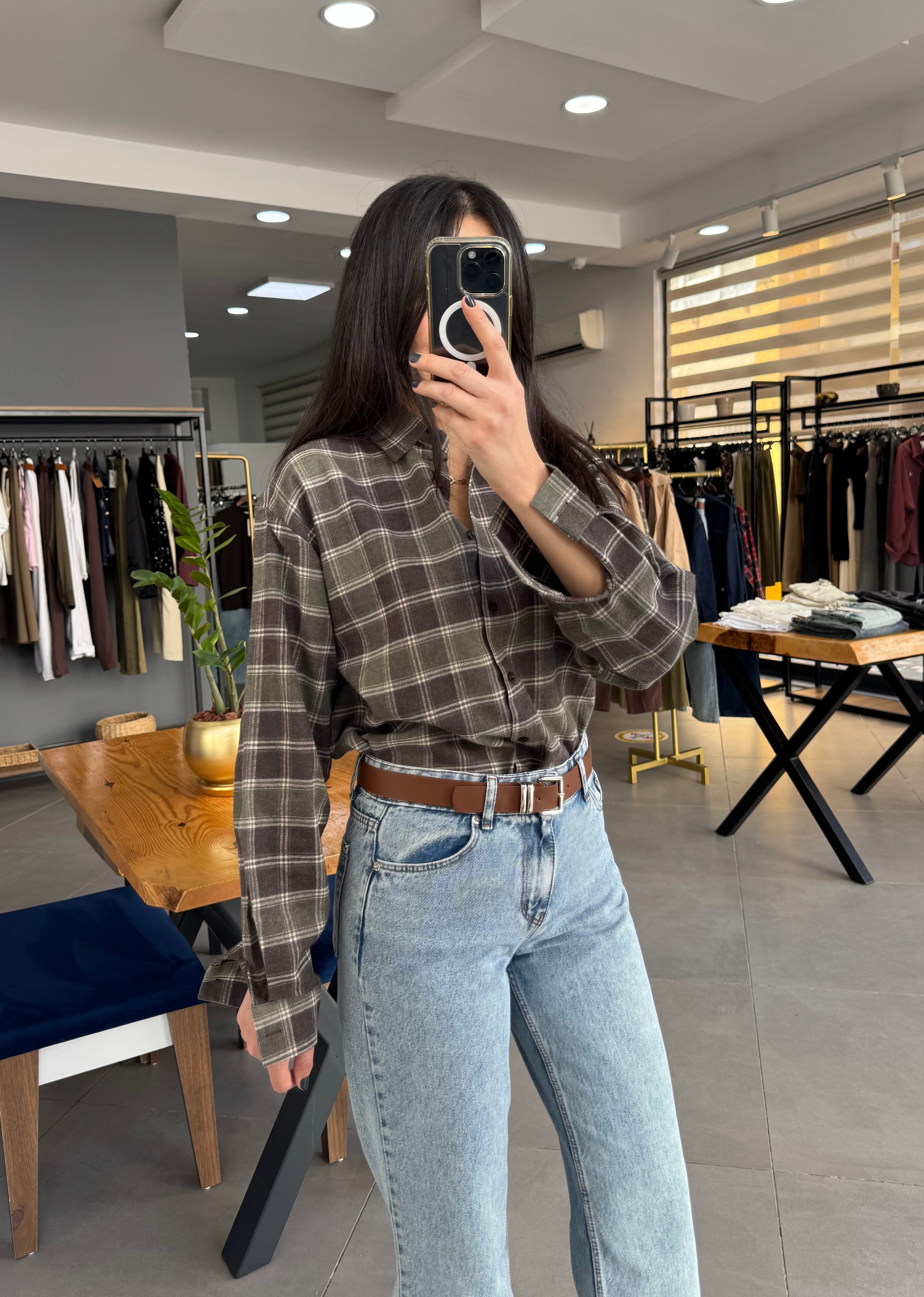 Ekoseli Oversize Haki Gömlek