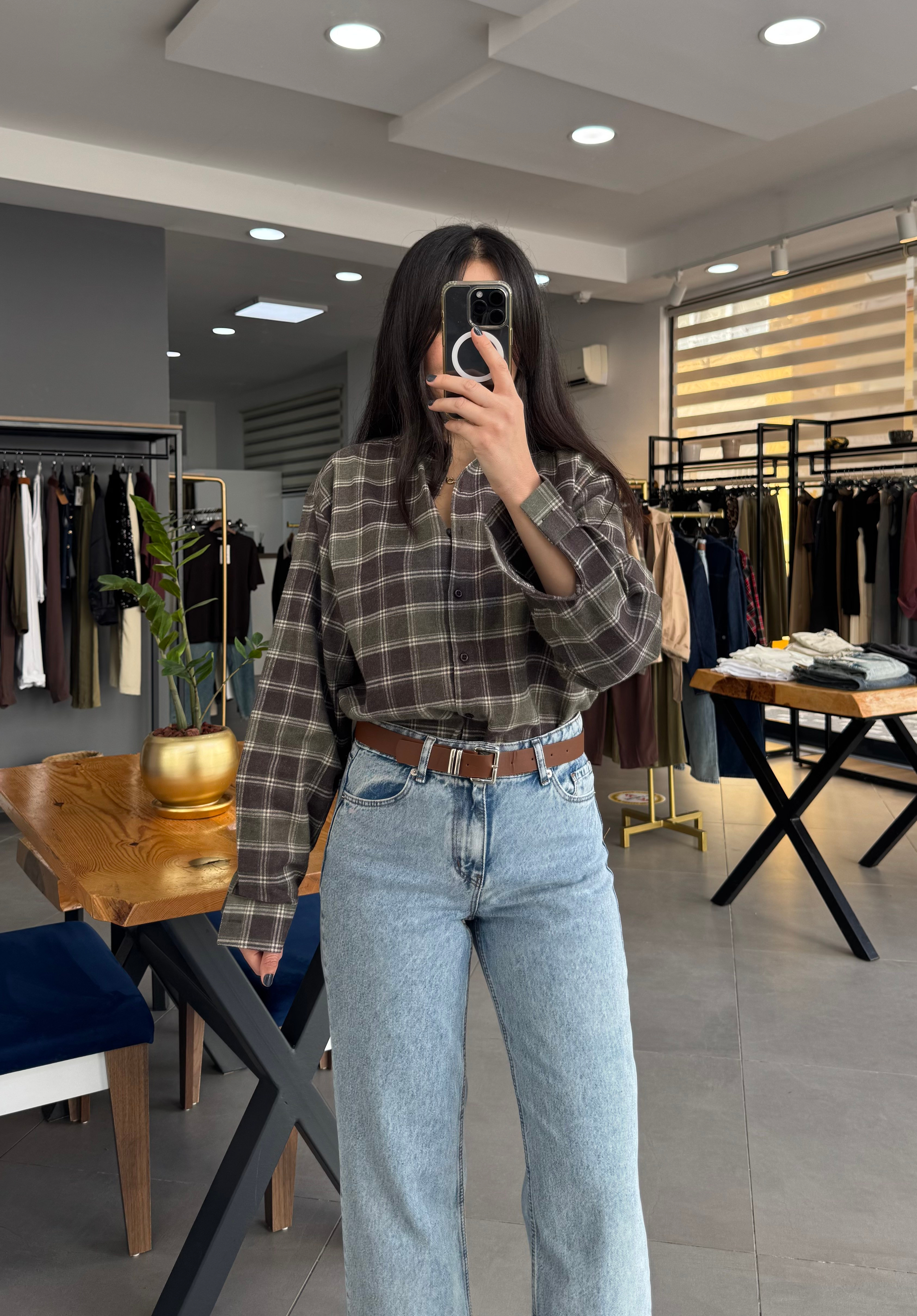Ekoseli Oversize Haki Gömlek