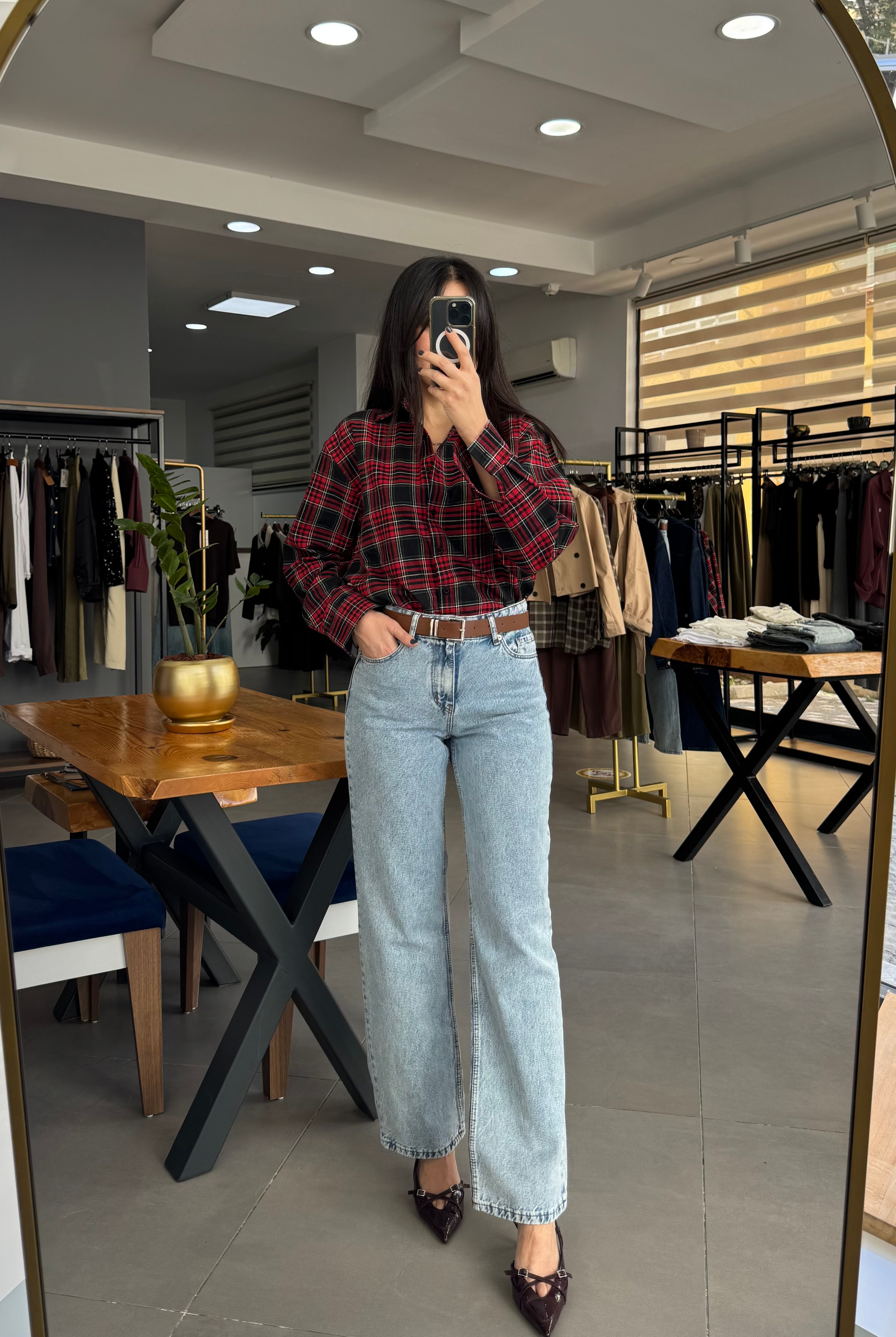 Ekoseli Oversize Kırmızı Gömlek