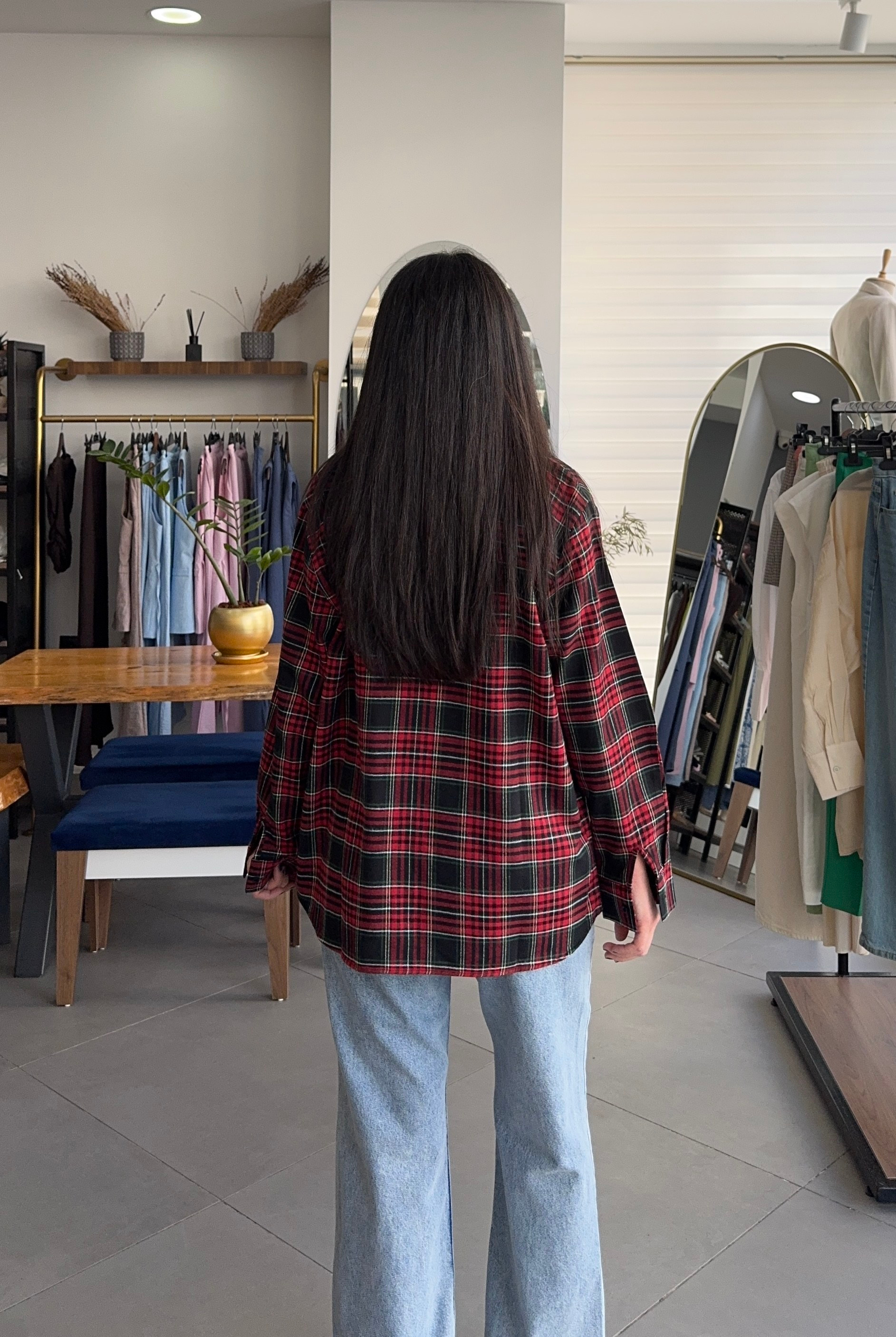 Ekoseli Oversize Kırmızı Gömlek