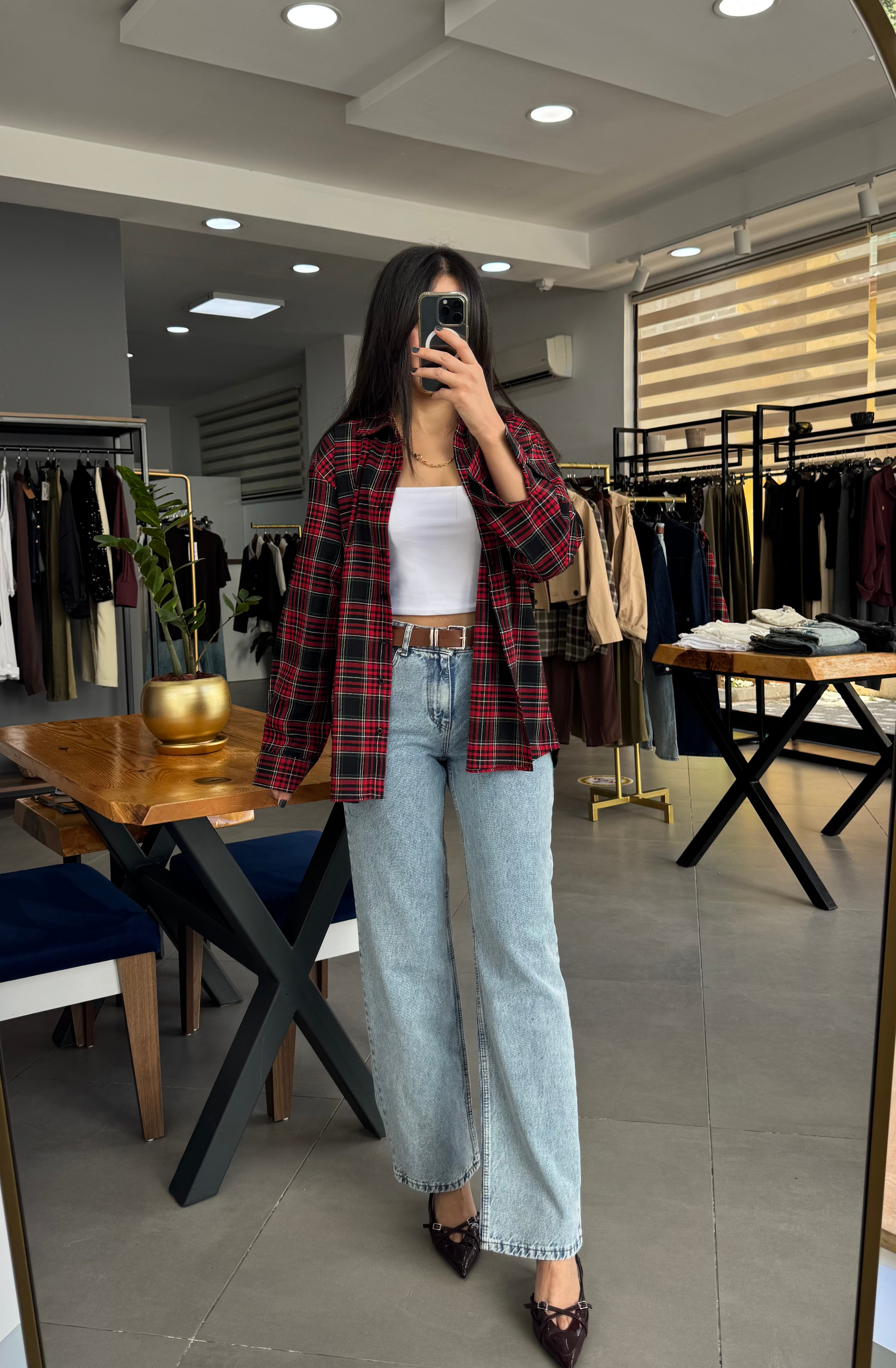 Ekoseli Oversize Kırmızı Gömlek