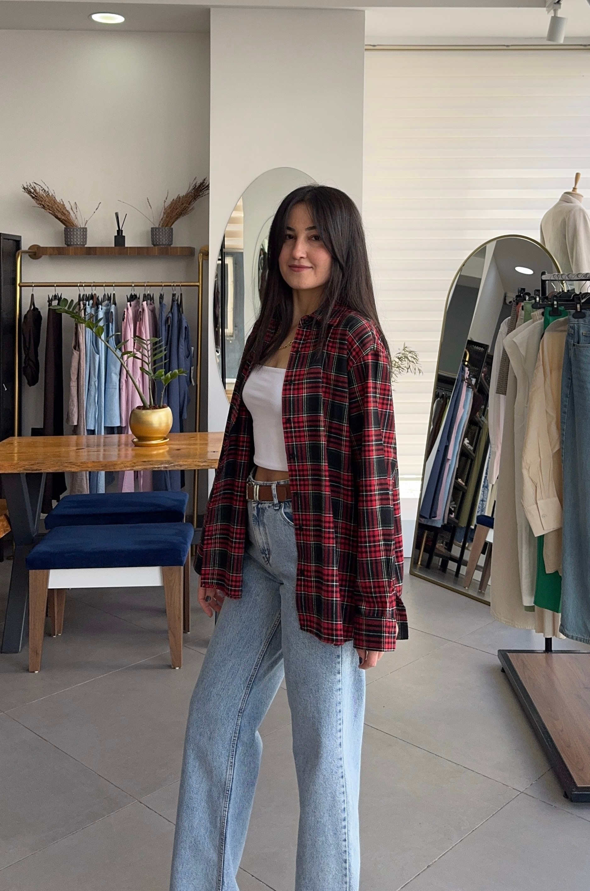 Ekoseli Oversize Kırmızı Gömlek