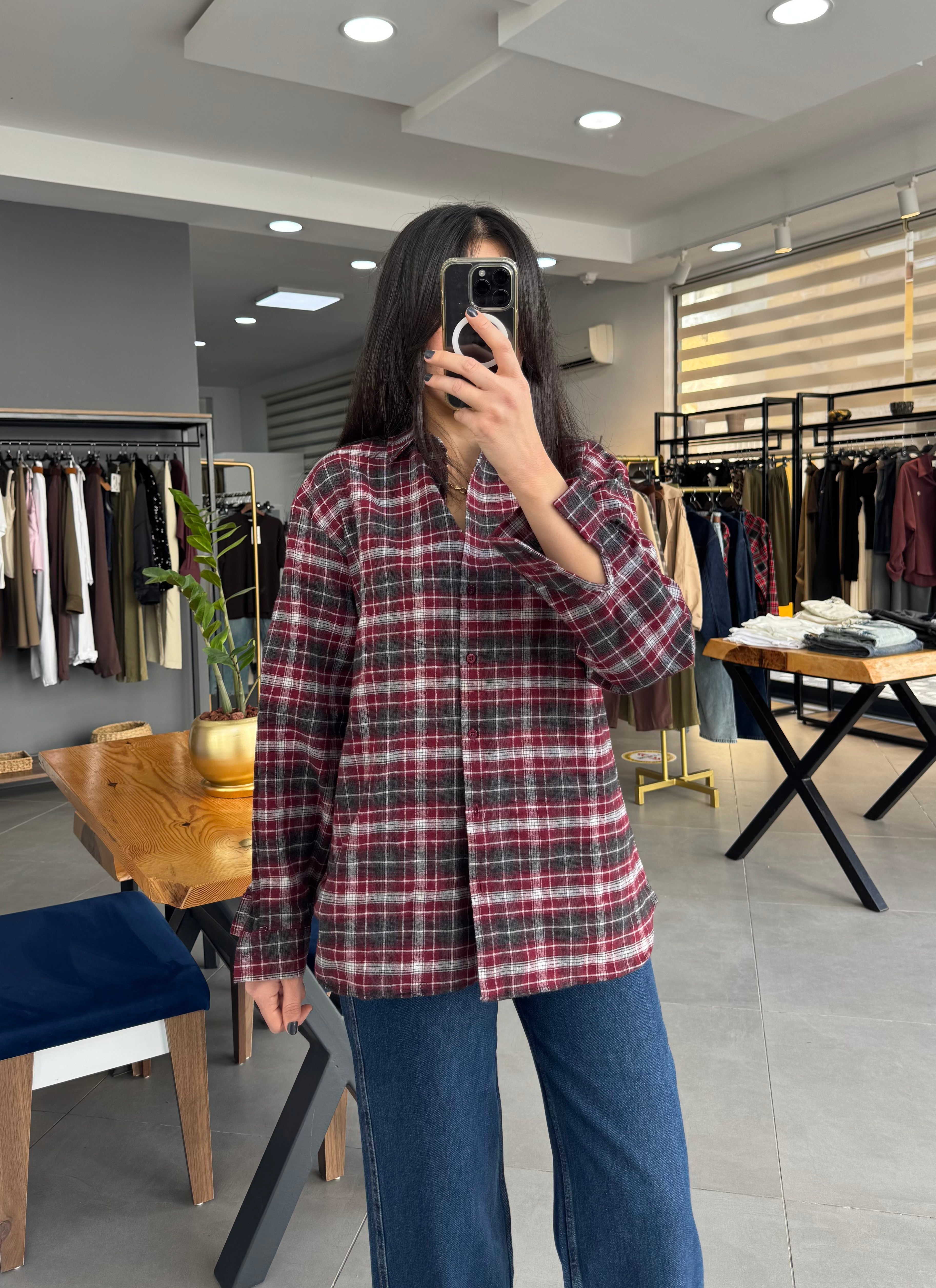 Ekoseli Oversize Mürdüm Gömlek