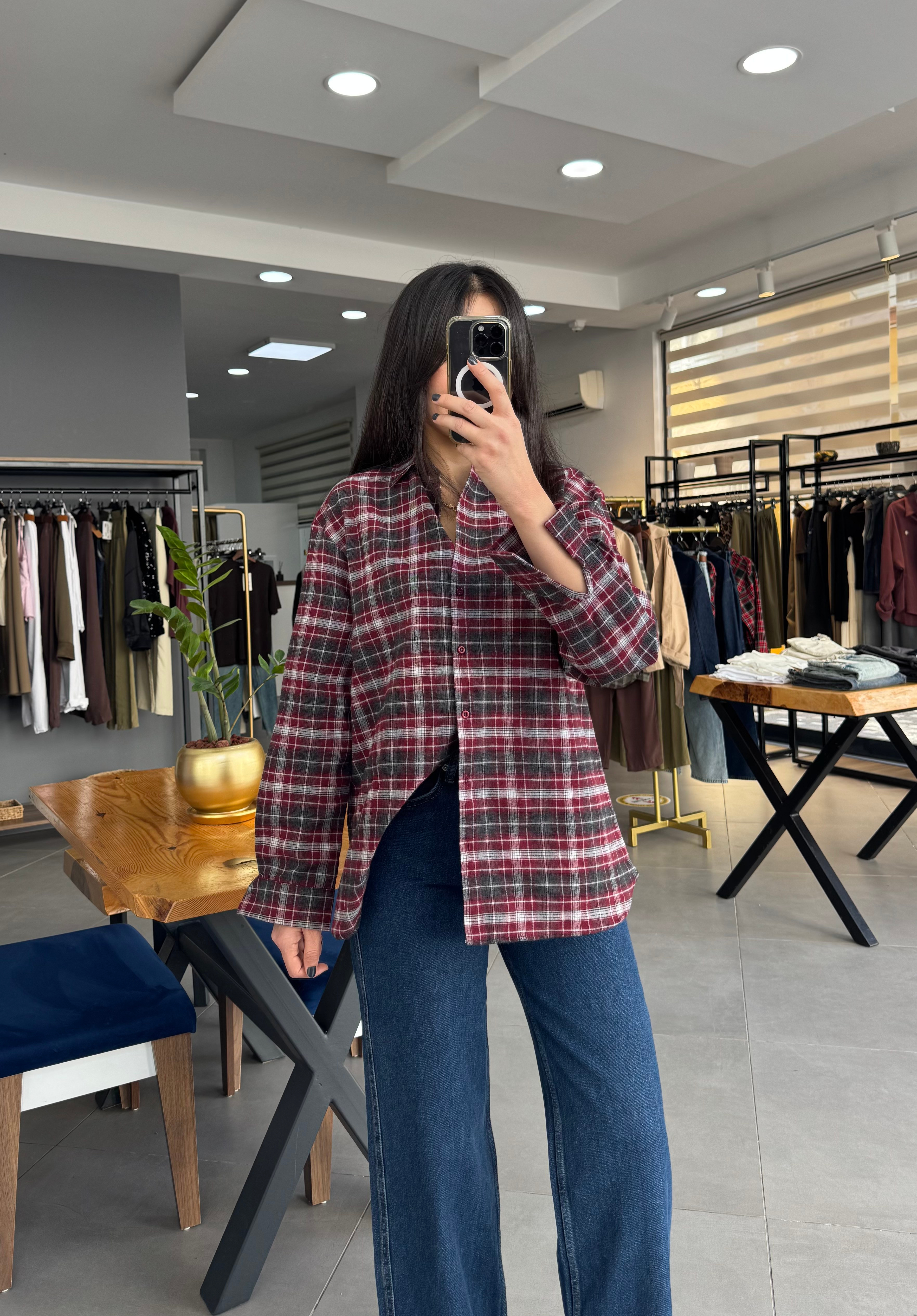 Ekoseli Oversize Mürdüm Gömlek