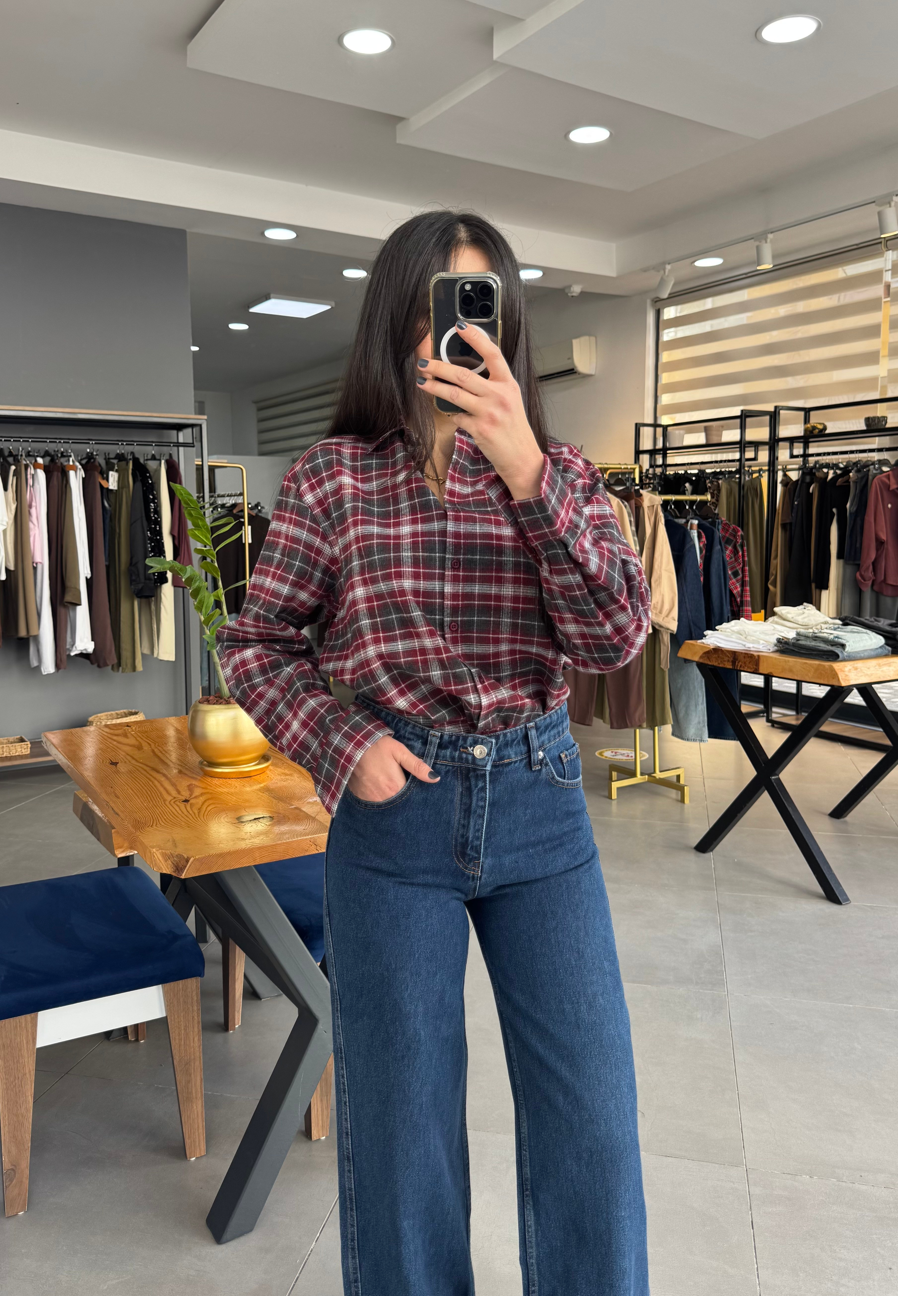 Ekoseli Oversize Mürdüm Gömlek