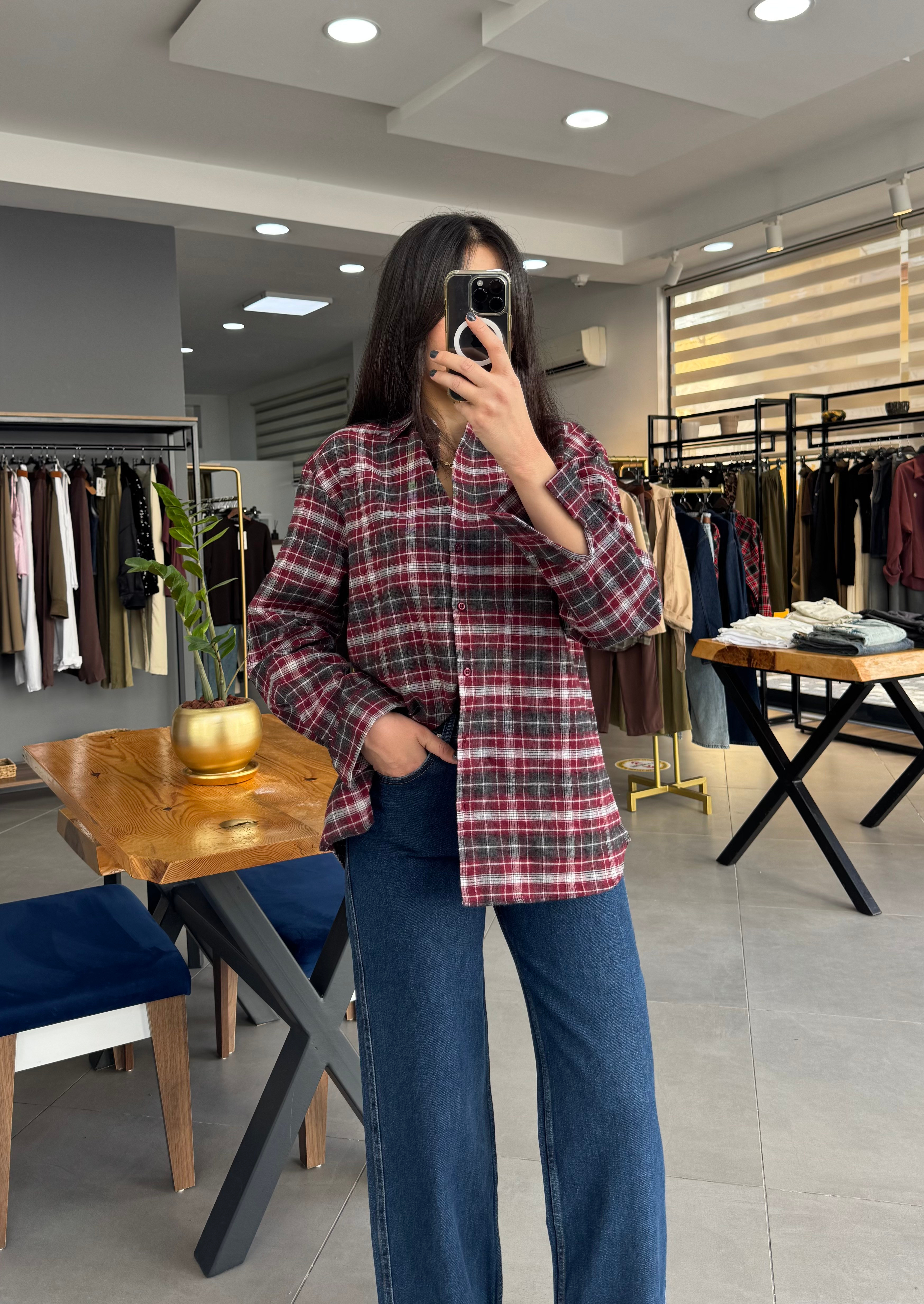 Ekoseli Oversize Mürdüm Gömlek