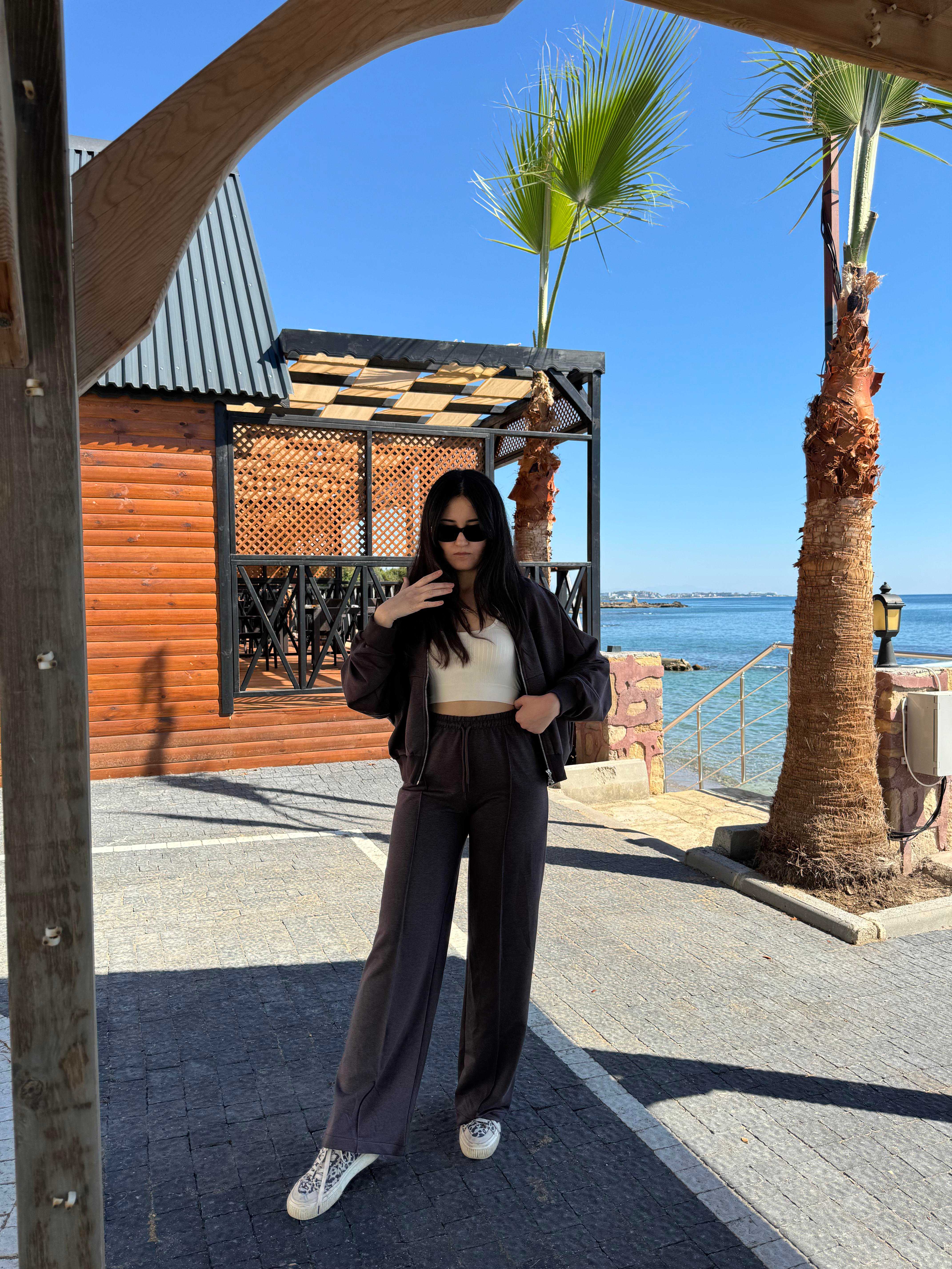 Fermuarlı Kahve Sweat Takım