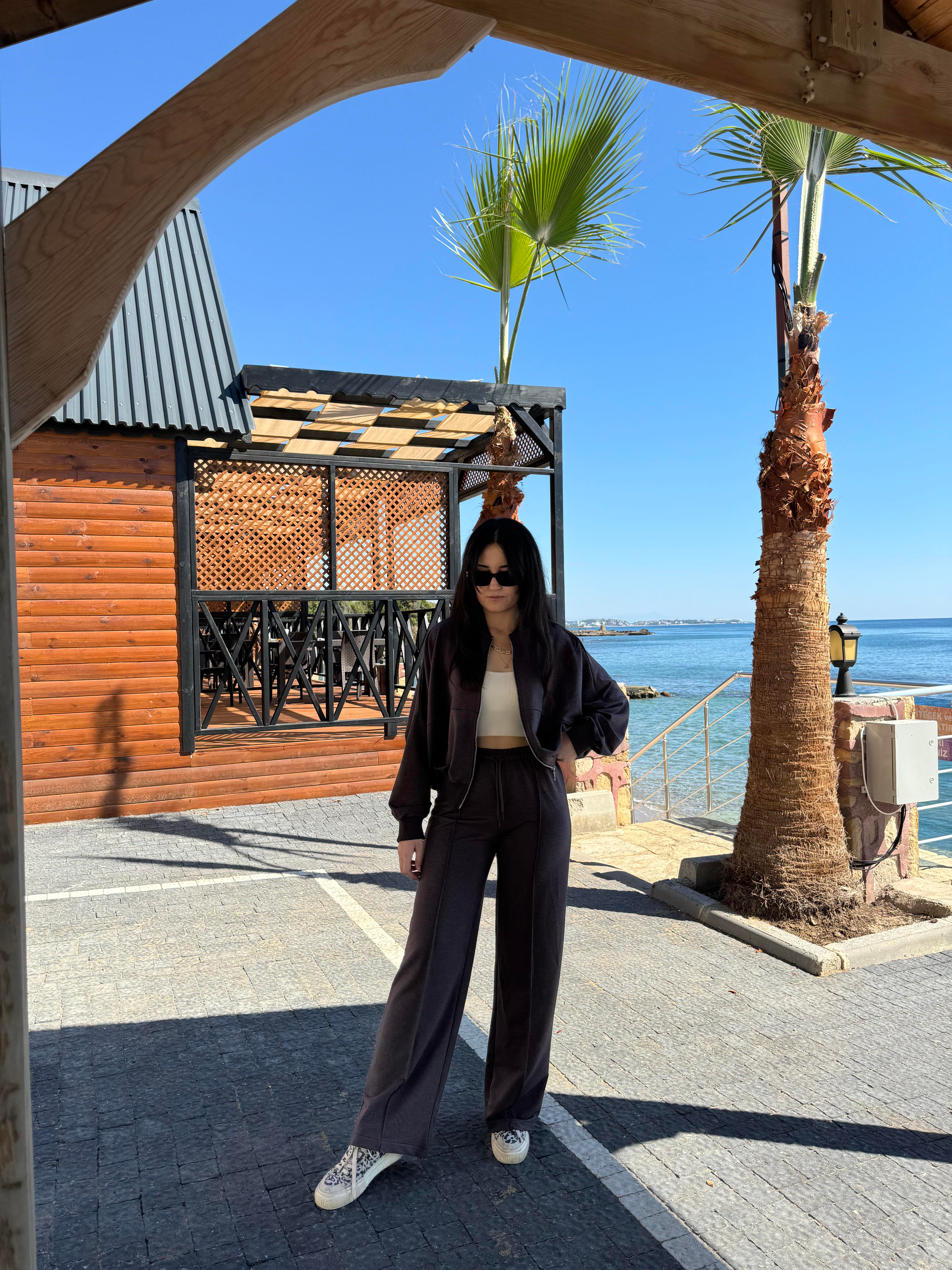 Fermuarlı Kahve Sweat Takım