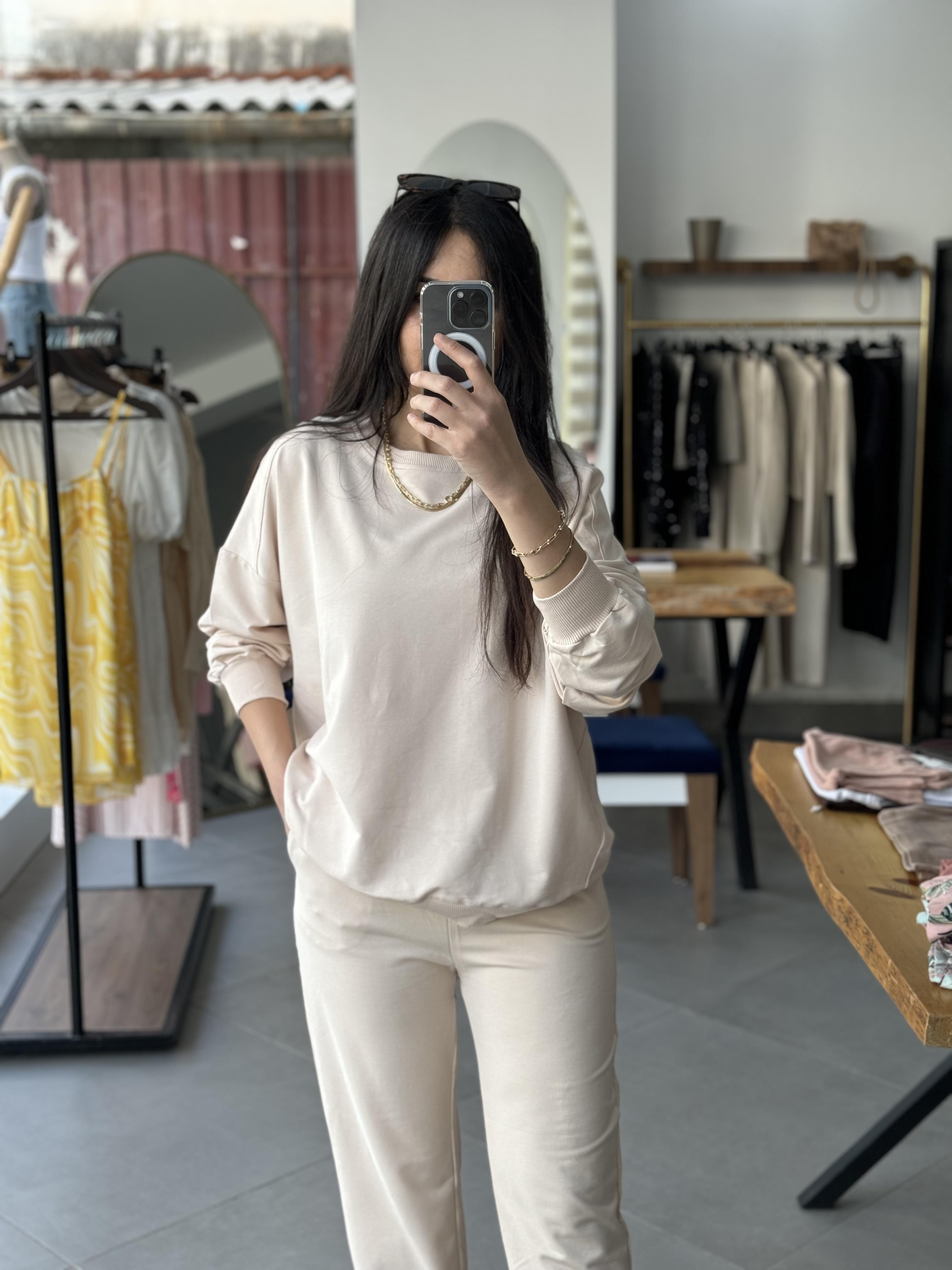 İki İplik Oversize Ekru Sweat Takım