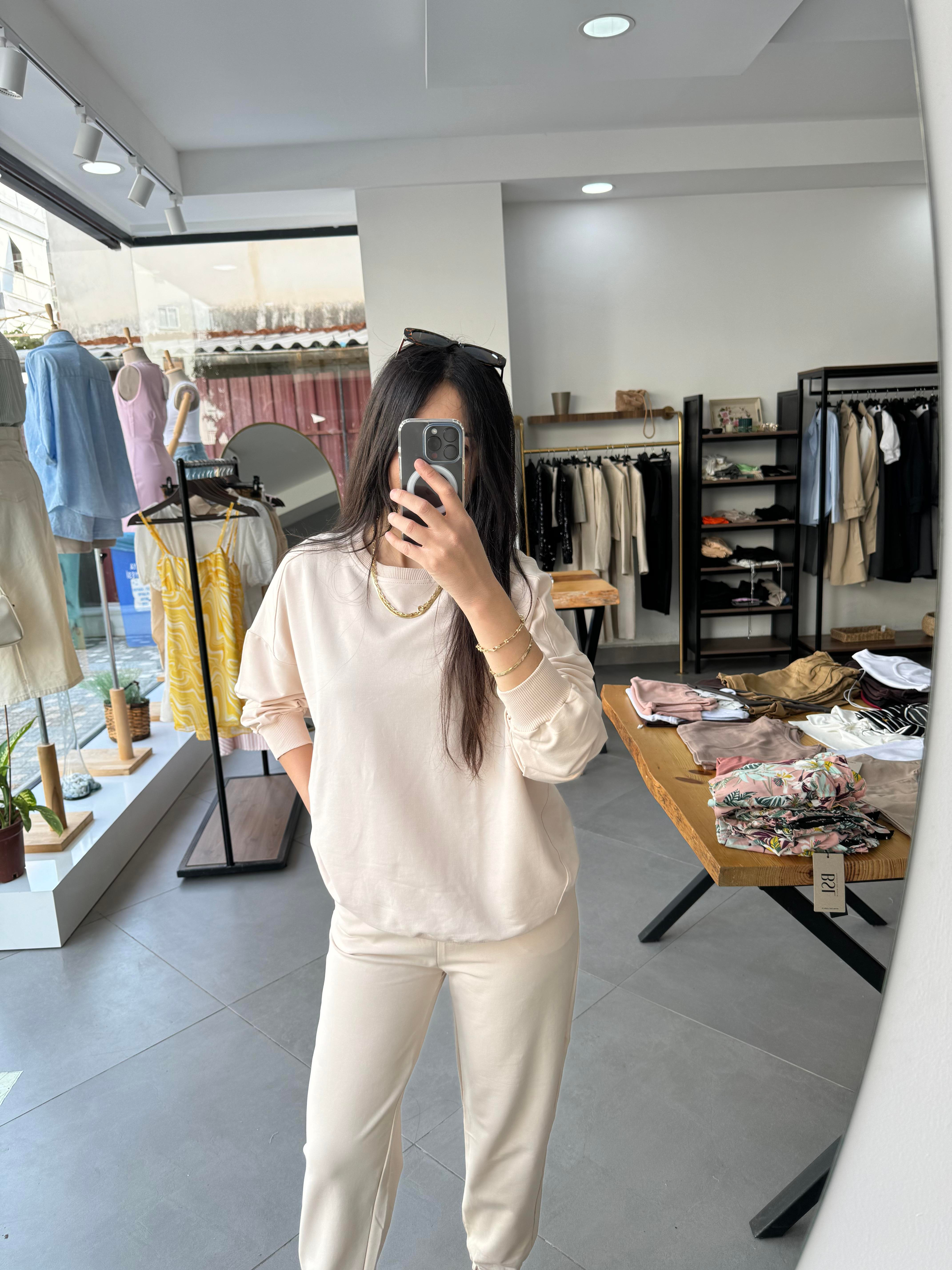 İki İplik Oversize Ekru Sweat Takım