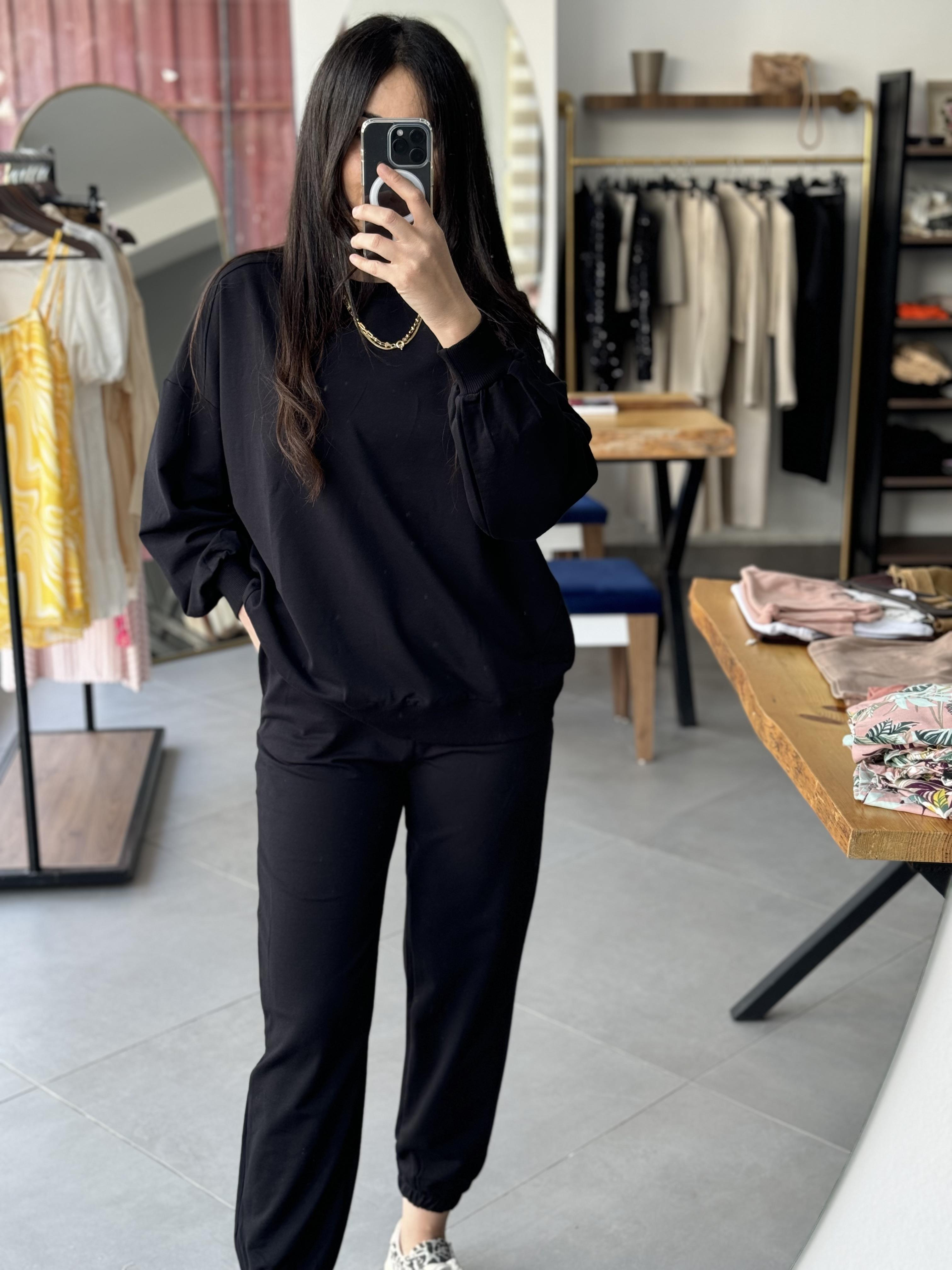 İki İplik Oversize Siyah Sweat Takım
