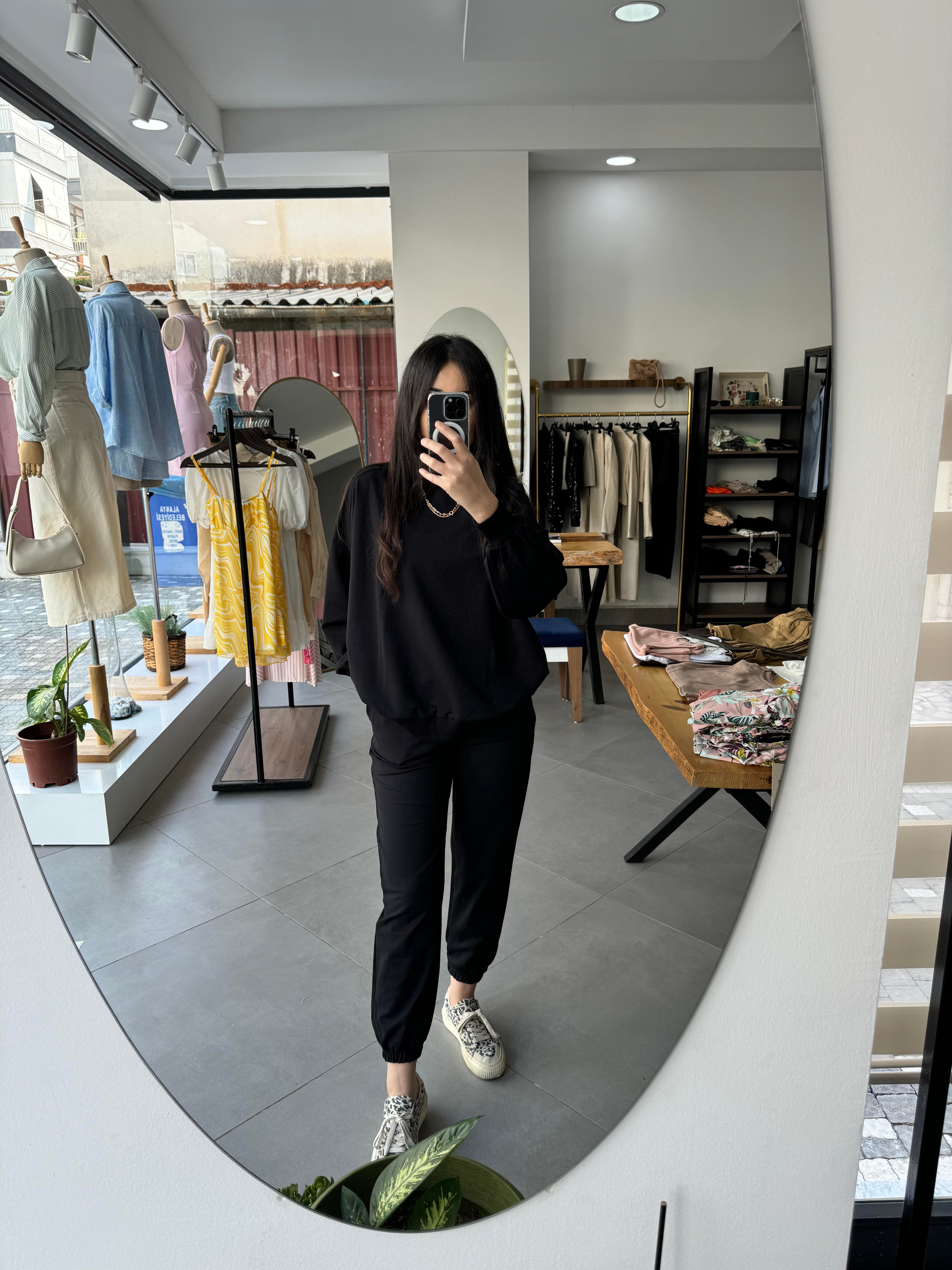 İki İplik Oversize Siyah Sweat Takım
