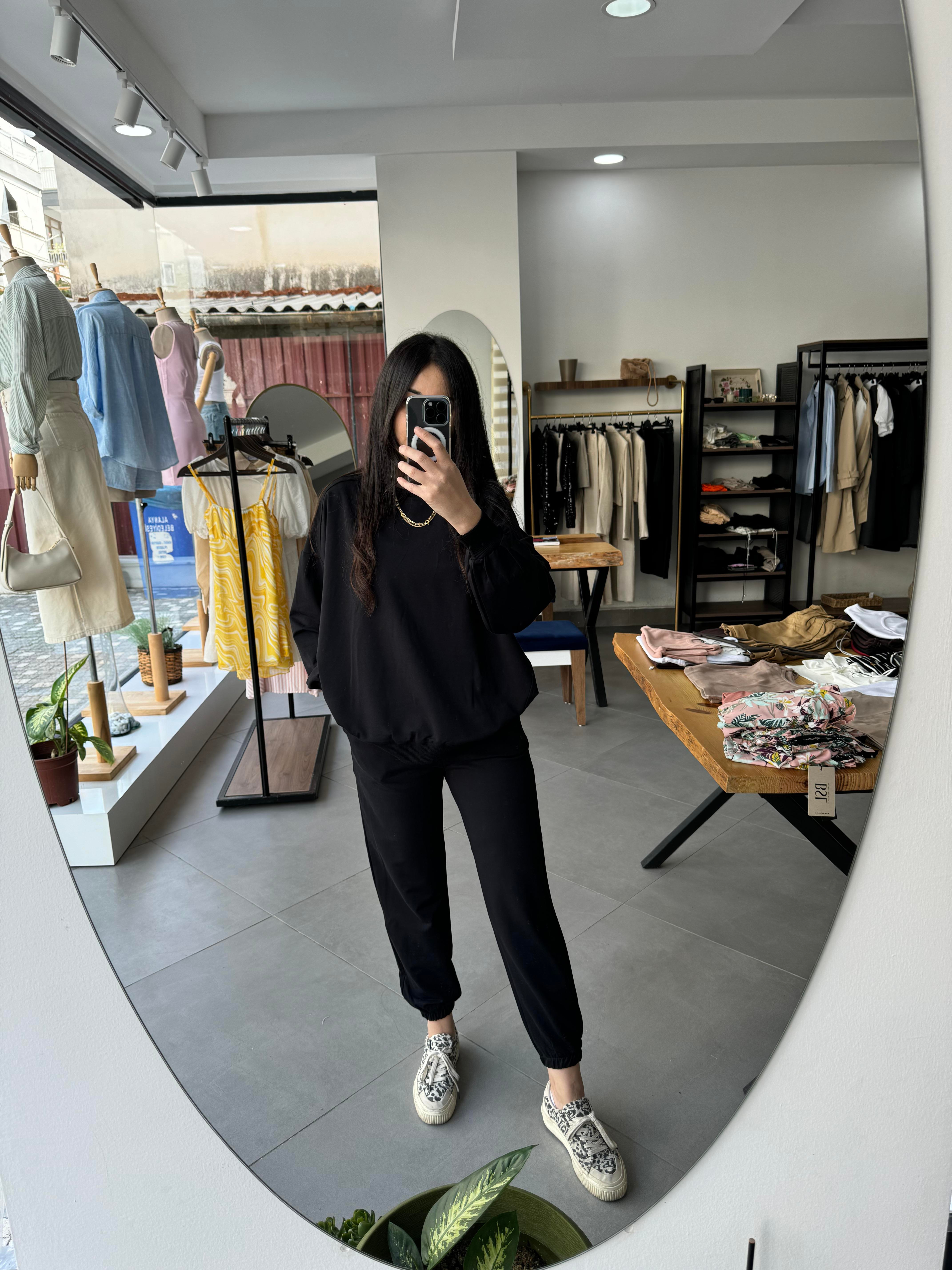 İki İplik Oversize Siyah Sweat Takım