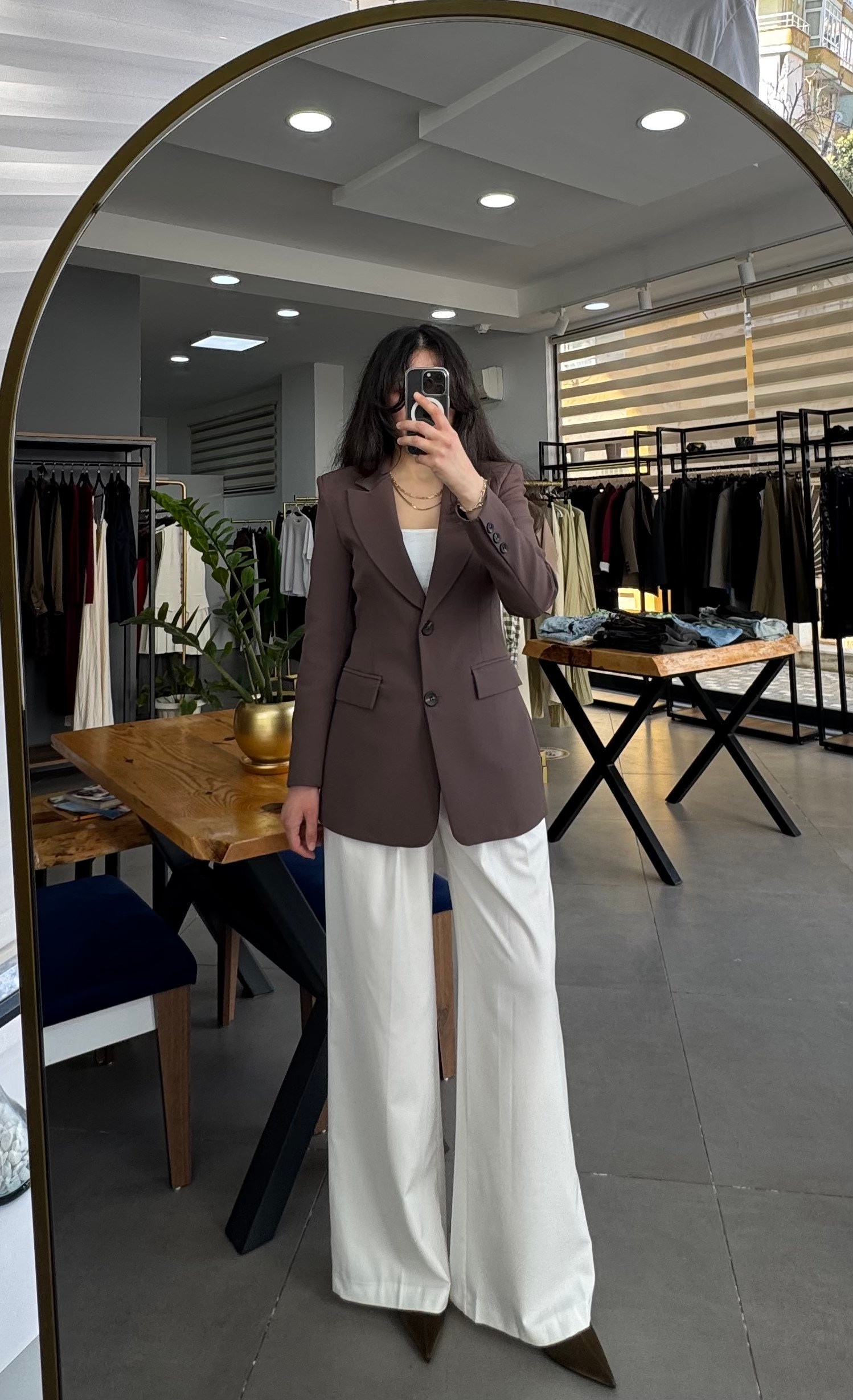 Kahve Belden Oturtmalı Astarlı Blazer Ceket