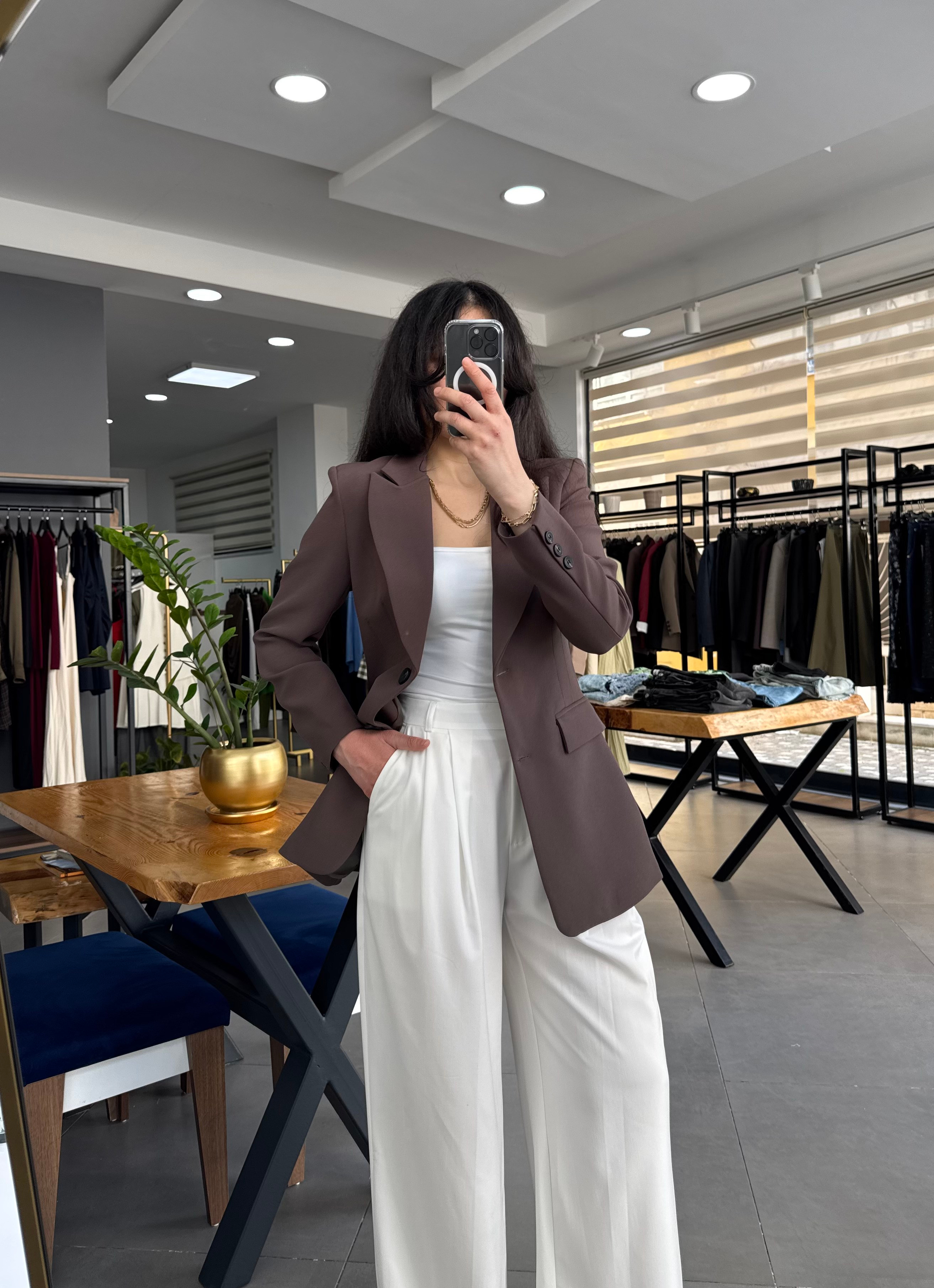 Kahve Belden Oturtmalı Astarlı Blazer Ceket